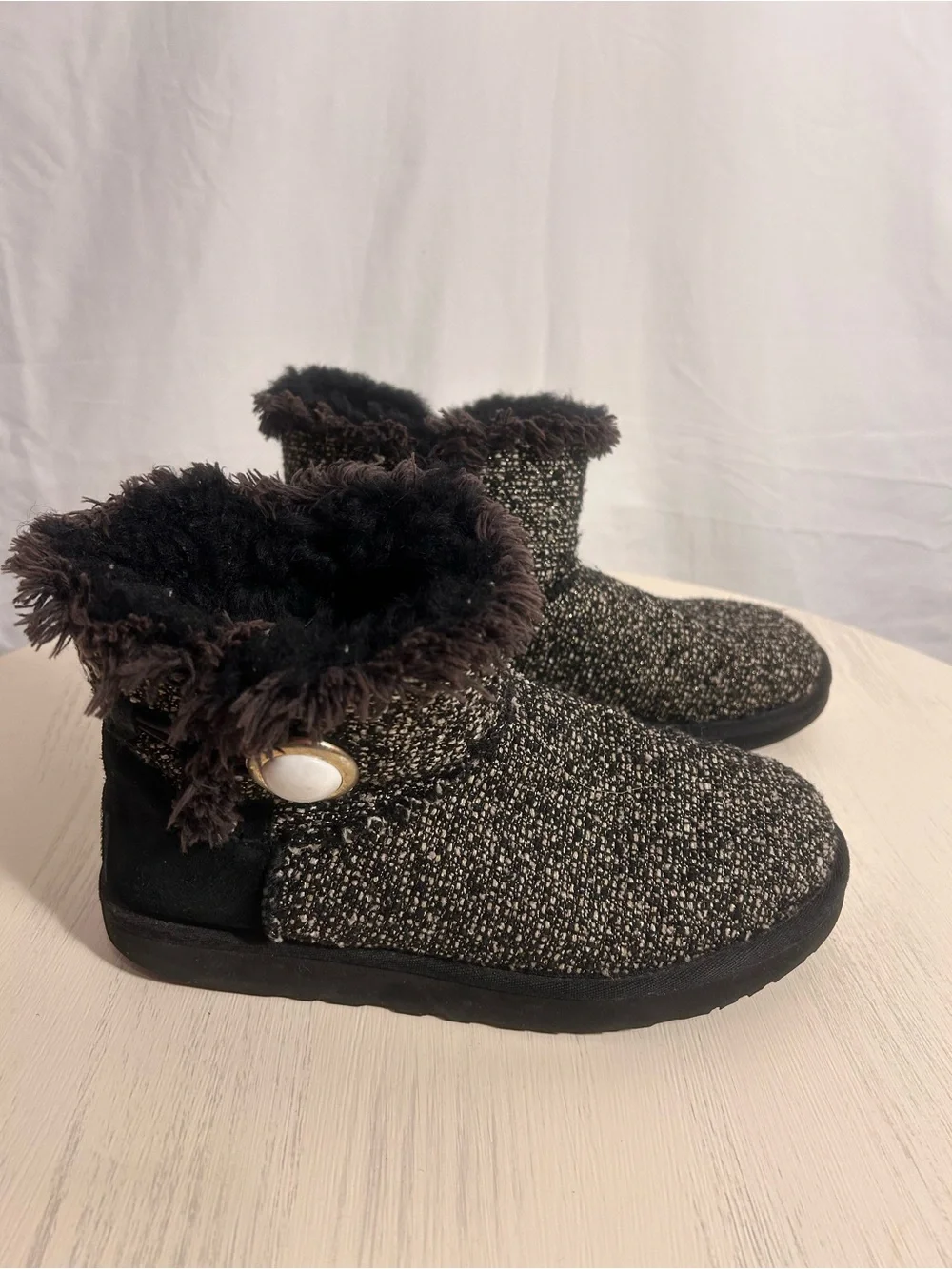 UGG Black Tweed Faux Fur Cuff Ankle Boots with Button Accent