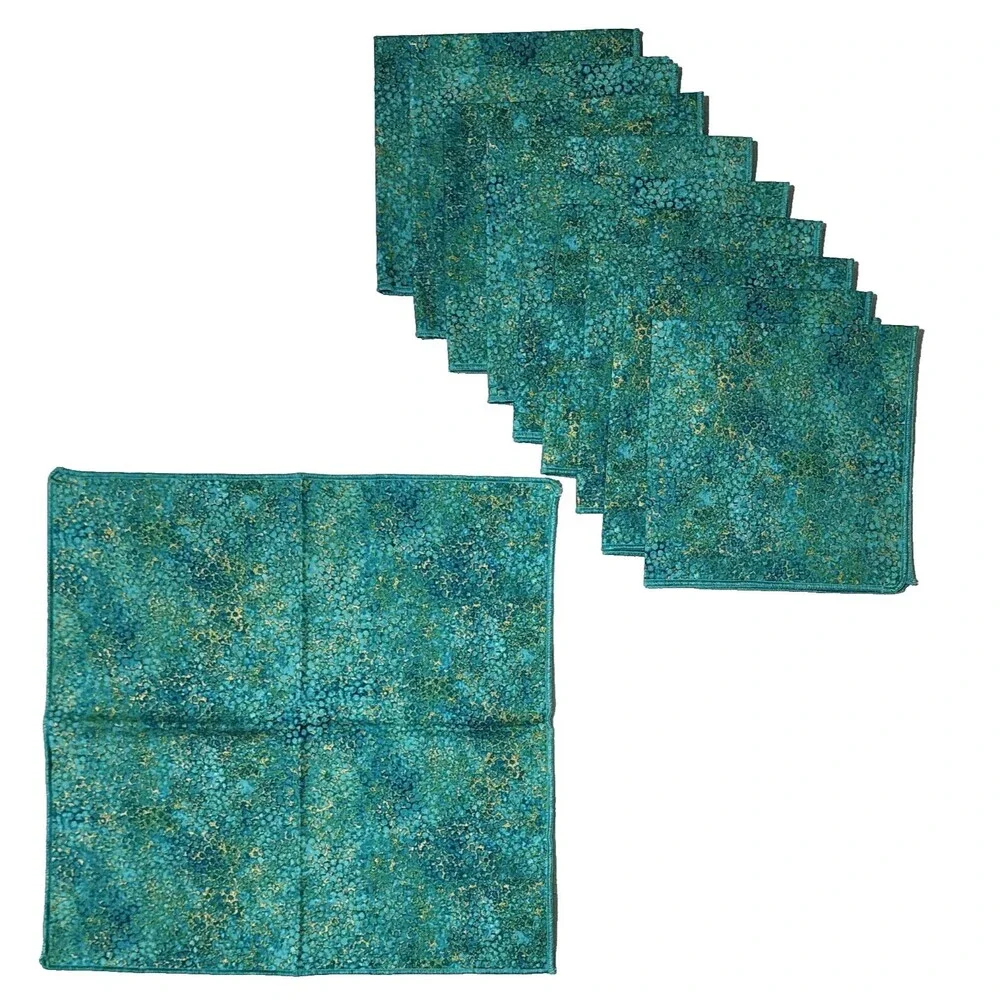 Set of 10 Cloth Napkins Shimmer Teal Gold Fabric Pebbles Pattern 13.5x13.5 NWOT