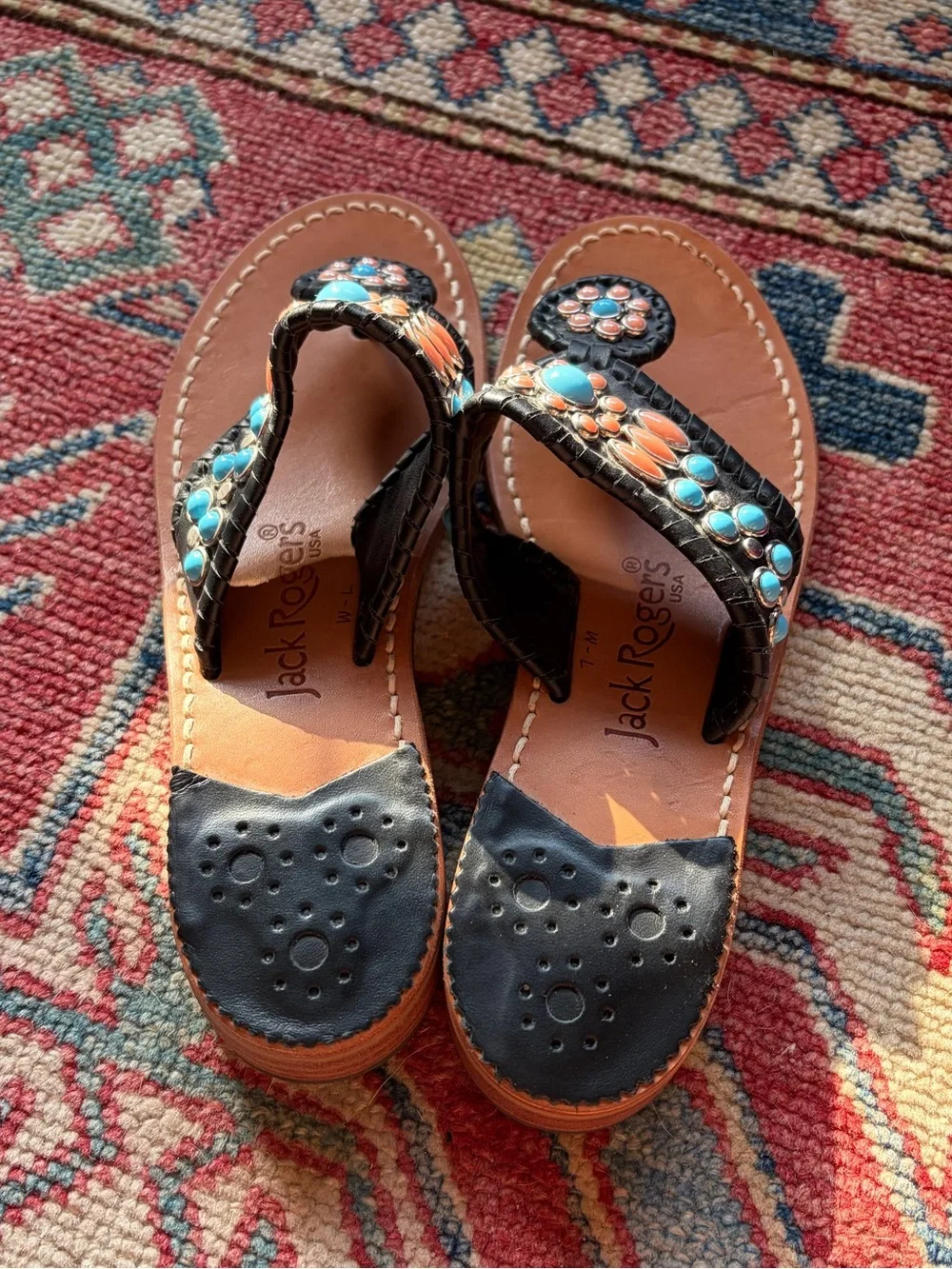 Jack Rogers Black Leather Sandals with Turquoise and Coral Beading
