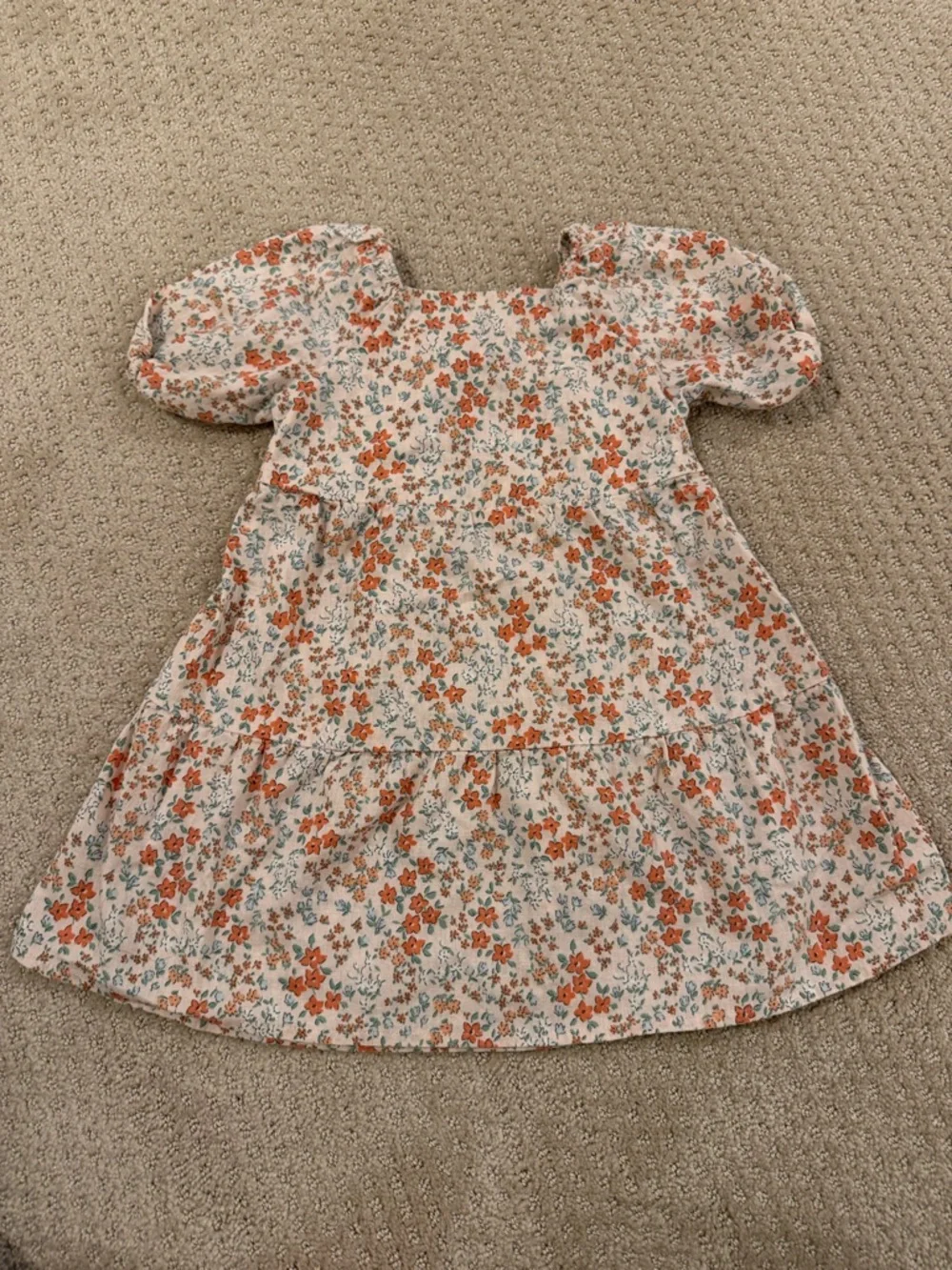 Girls' Floral Puff-Sleeve Dress in Cream and Coral