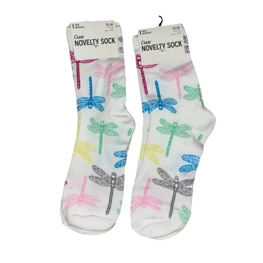 Dragonfly Socks Crew Women's 4-10 White Colorful Insect Fairy 2 Pairs Kmart NEW