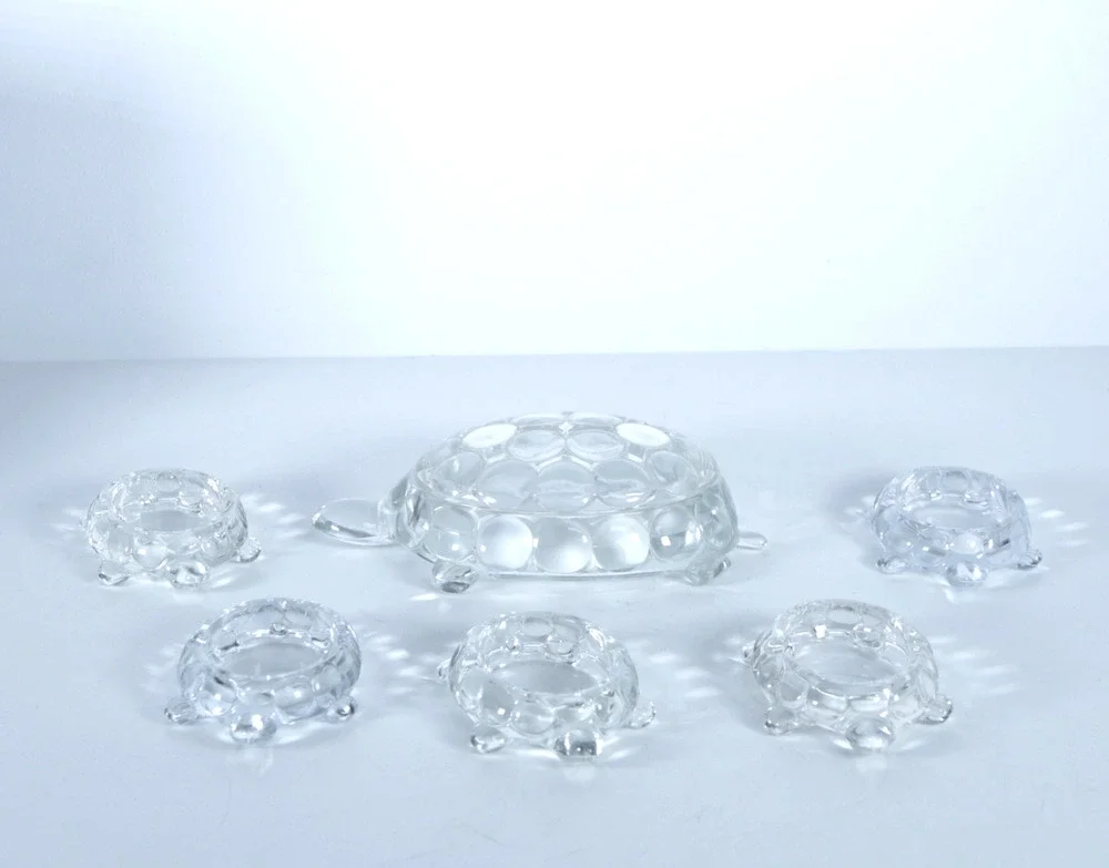 Vintage Clear Glass Turtle Ashtray Set of 6 - Large with Top & 5 Small ashtrays
