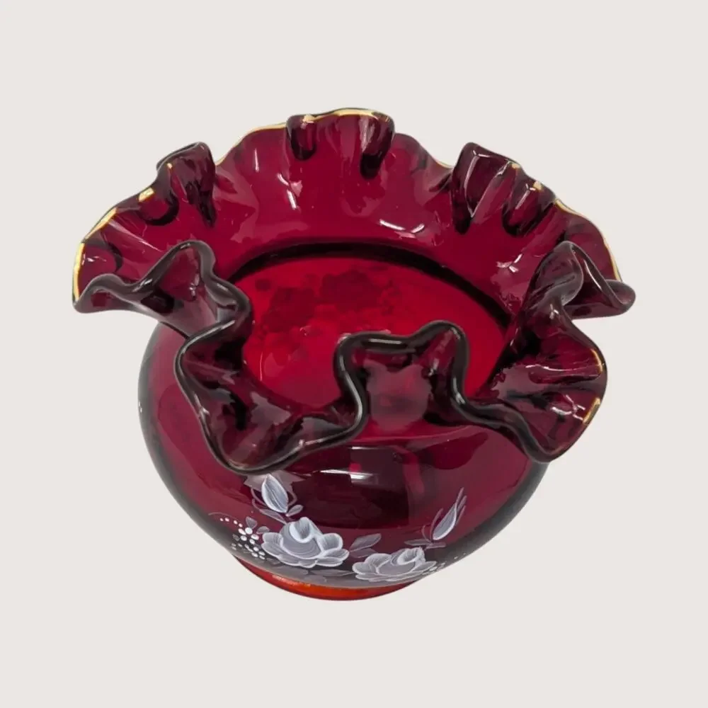 1980s Fenton Ruby Red Glass Hand Painted Ruffled Vase