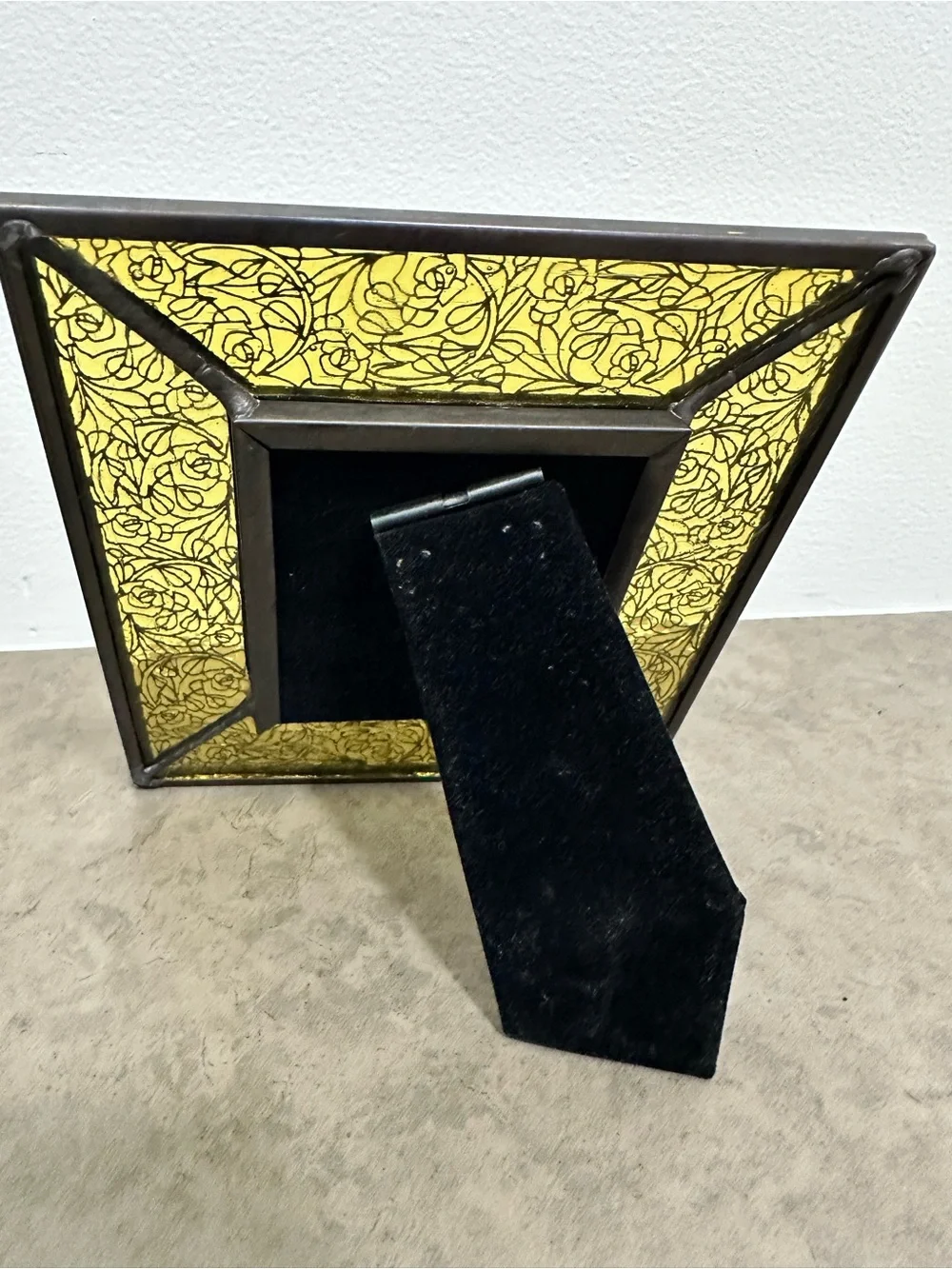 Vintage Studio Yellow Stained Glass Picture Frame Etched Metal Roses Metal Trim