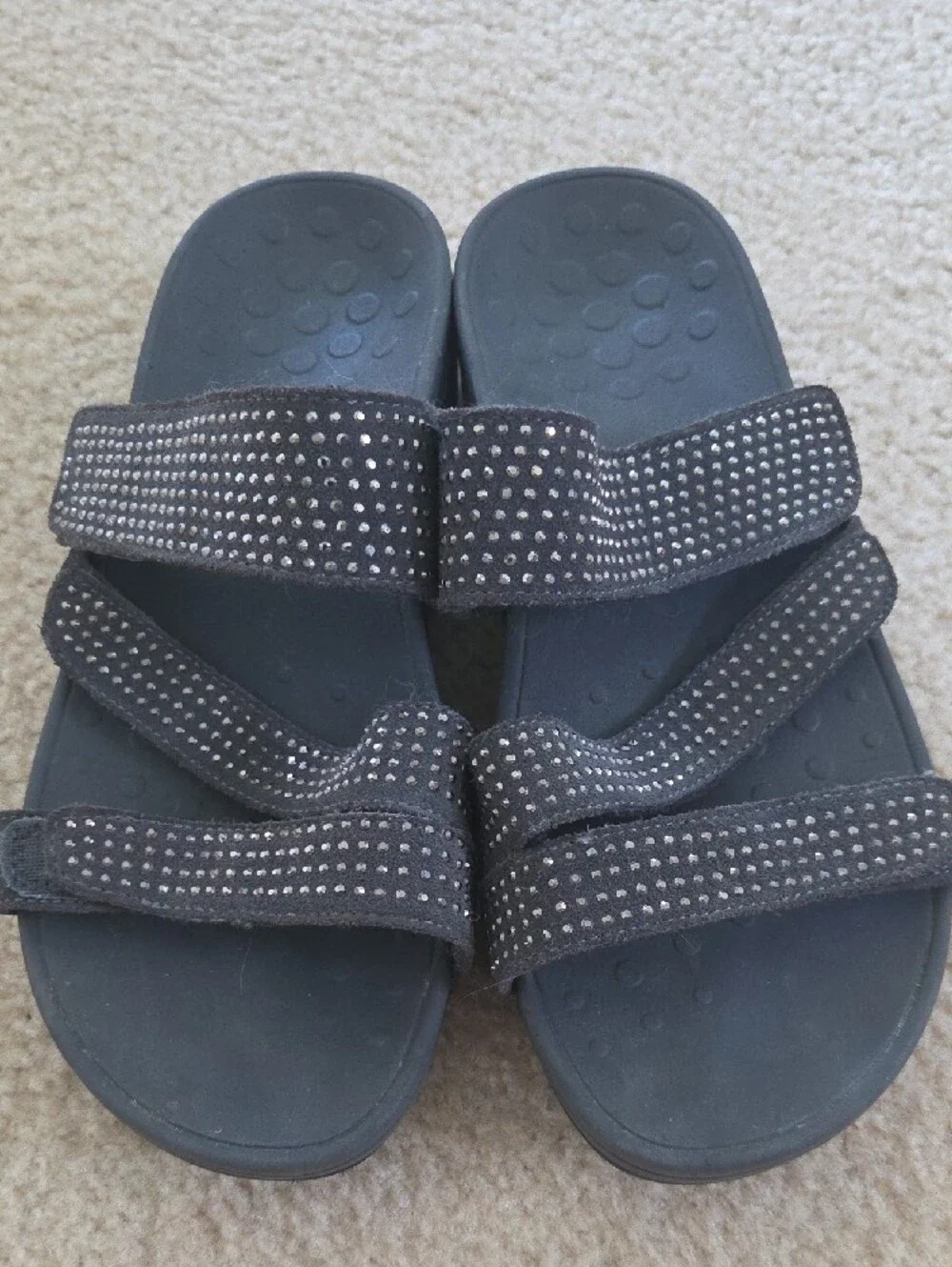 Dark Gray Rhinestone Three-Strap Slide Sandals