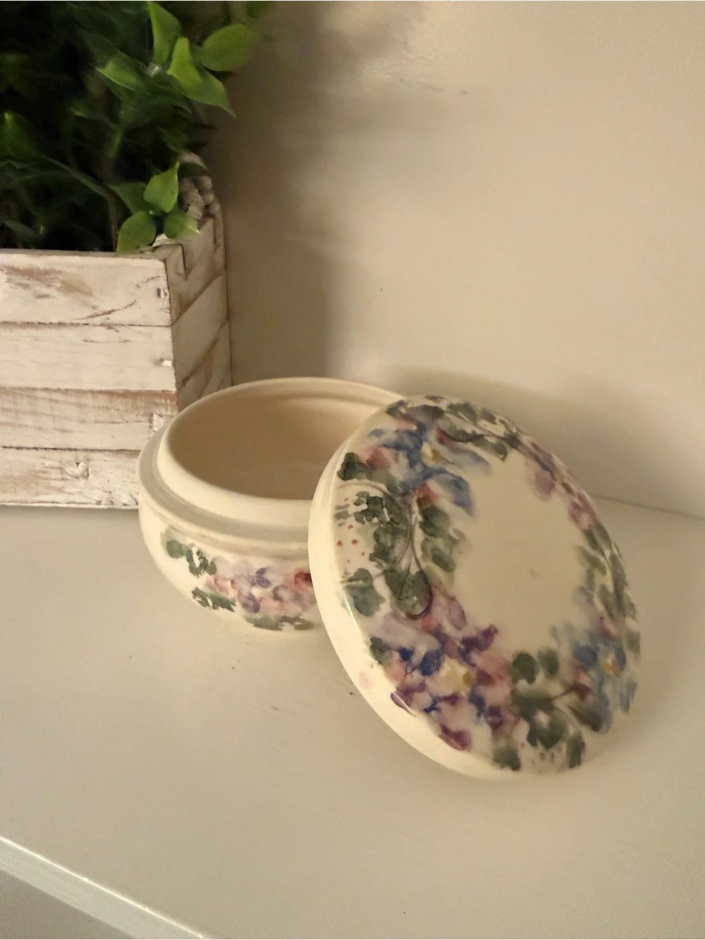 Signed Hand Painted Studio Pottery Floral Lidded Trinket Box Covered Ceramic Jar