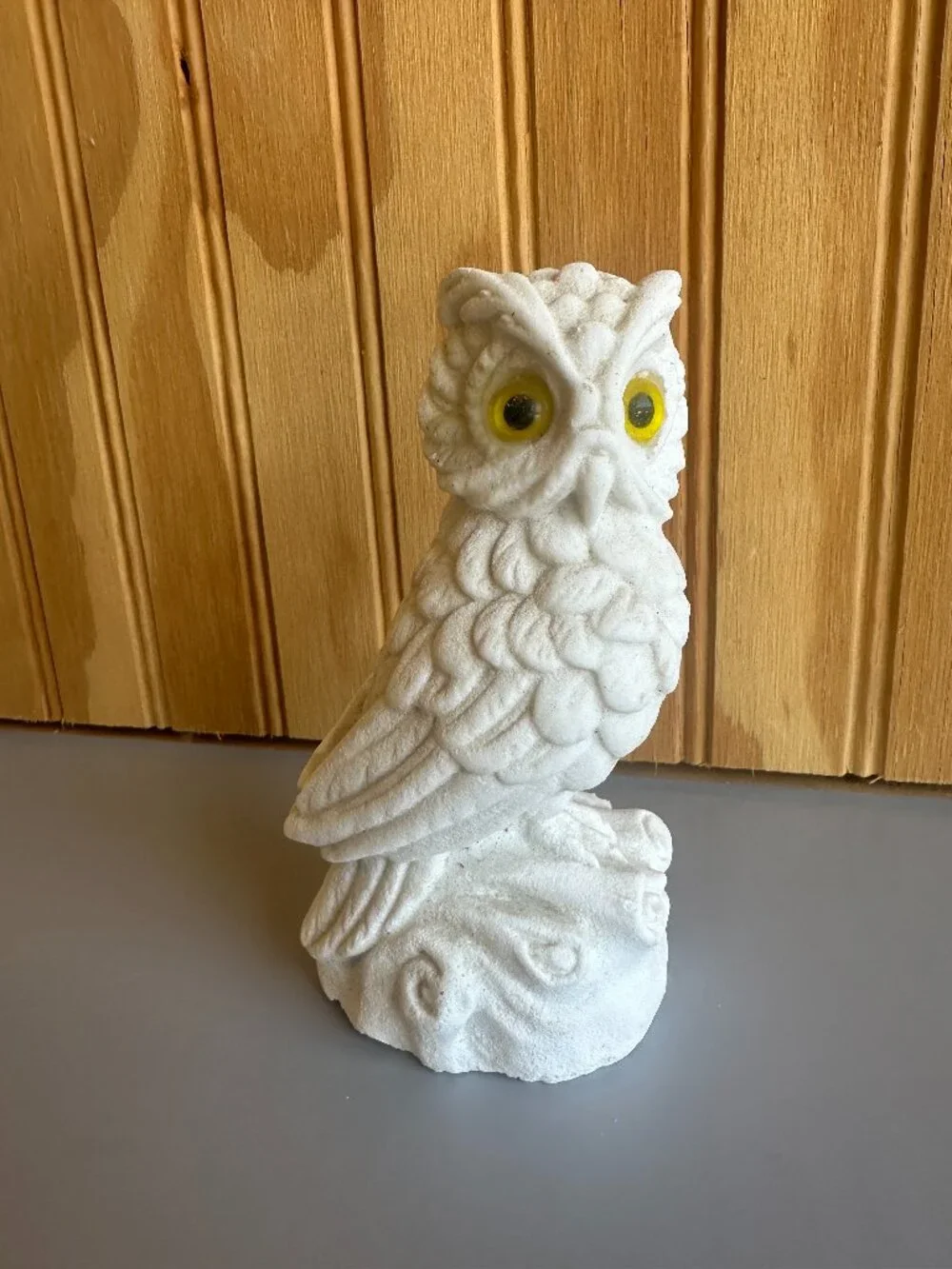 Vintage Snow White Owl Carved Alabaster Stone Yellow Eye Italy Sandstone