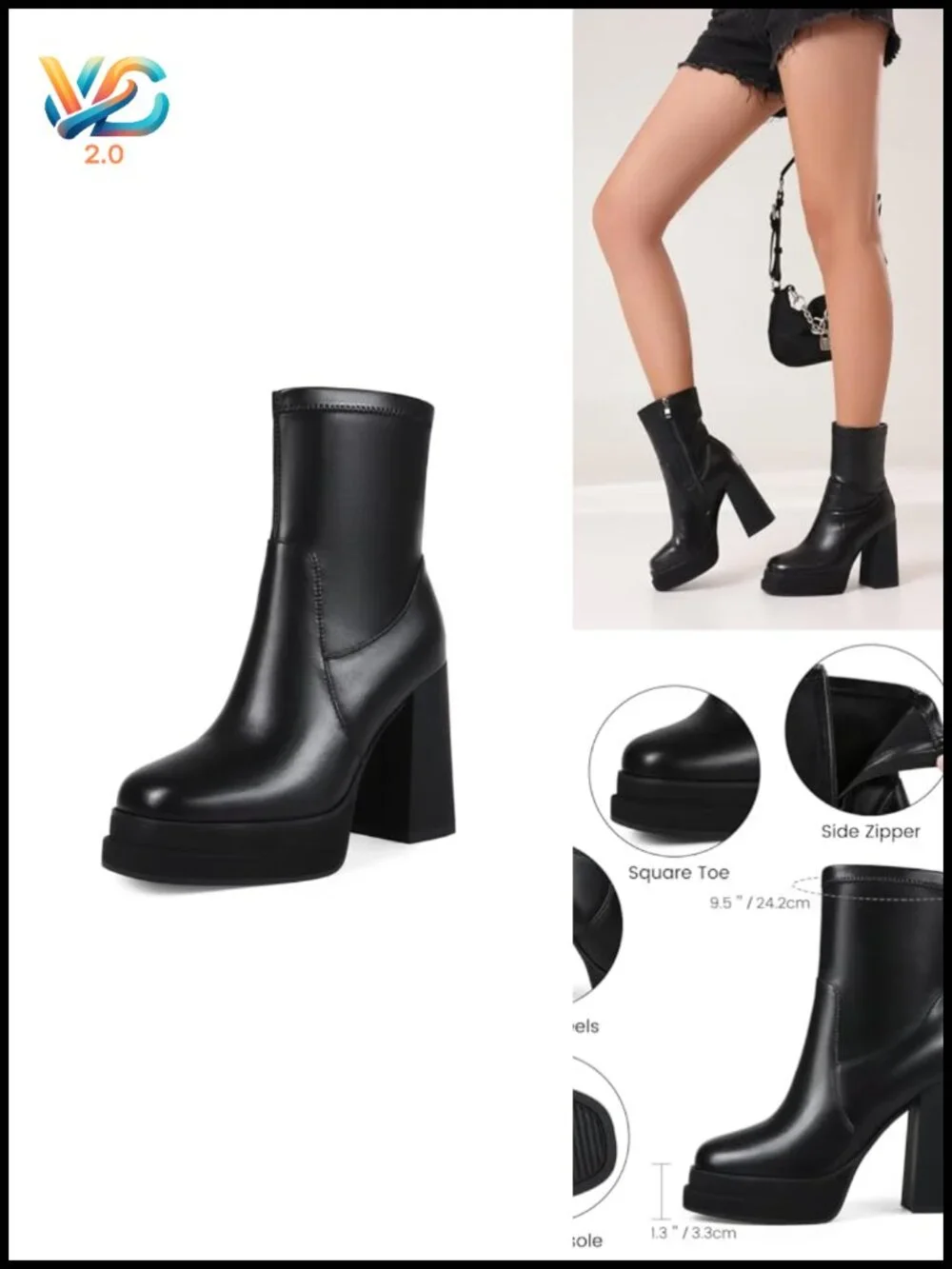 Platform Ankle Boots Chunky High Heel Square Toe Stretchy Side Zipper Booties