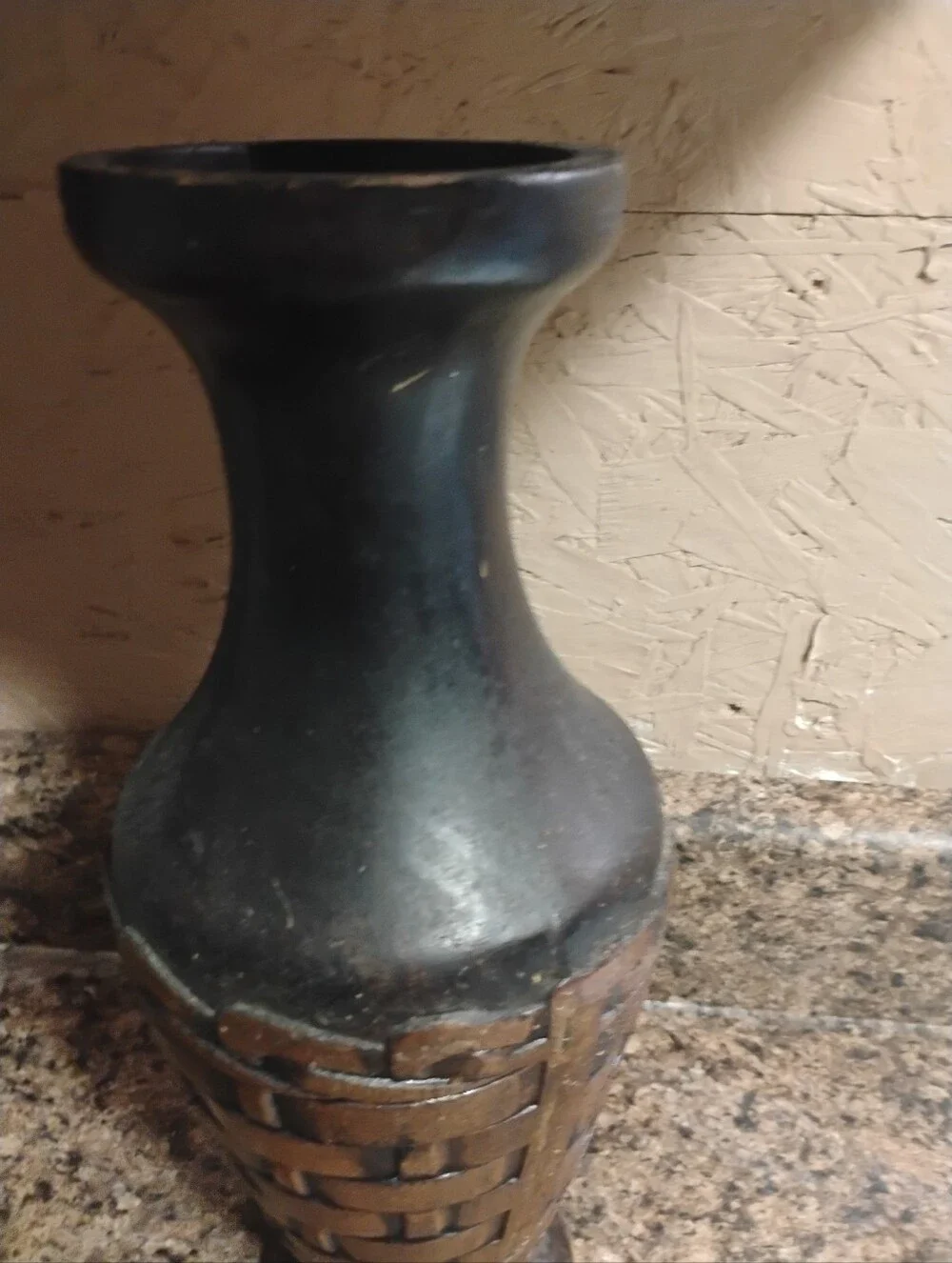 Tall Black and Brown Woven-Pattern Vase