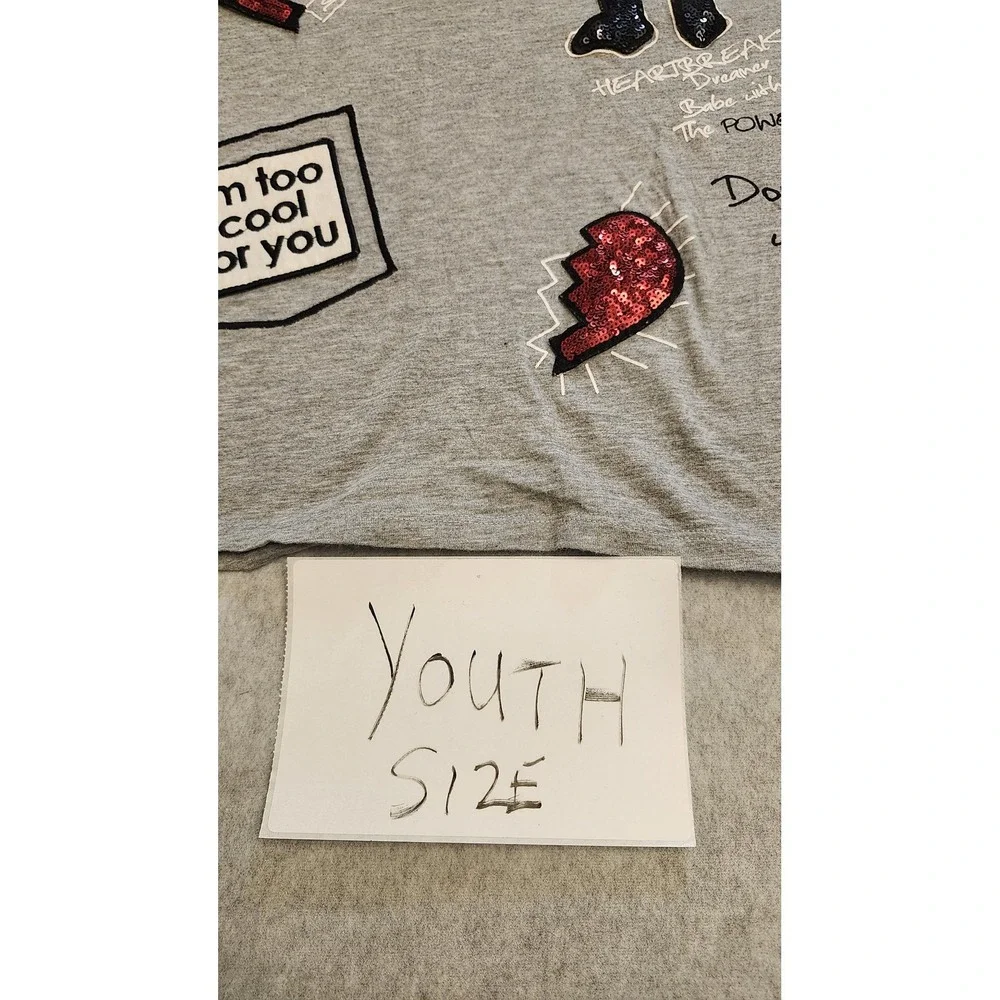 Bershka BSKGIRL Shirt Girls Small Gray Sequin Patch Graphic 3/4 Sleeve‎ Youth