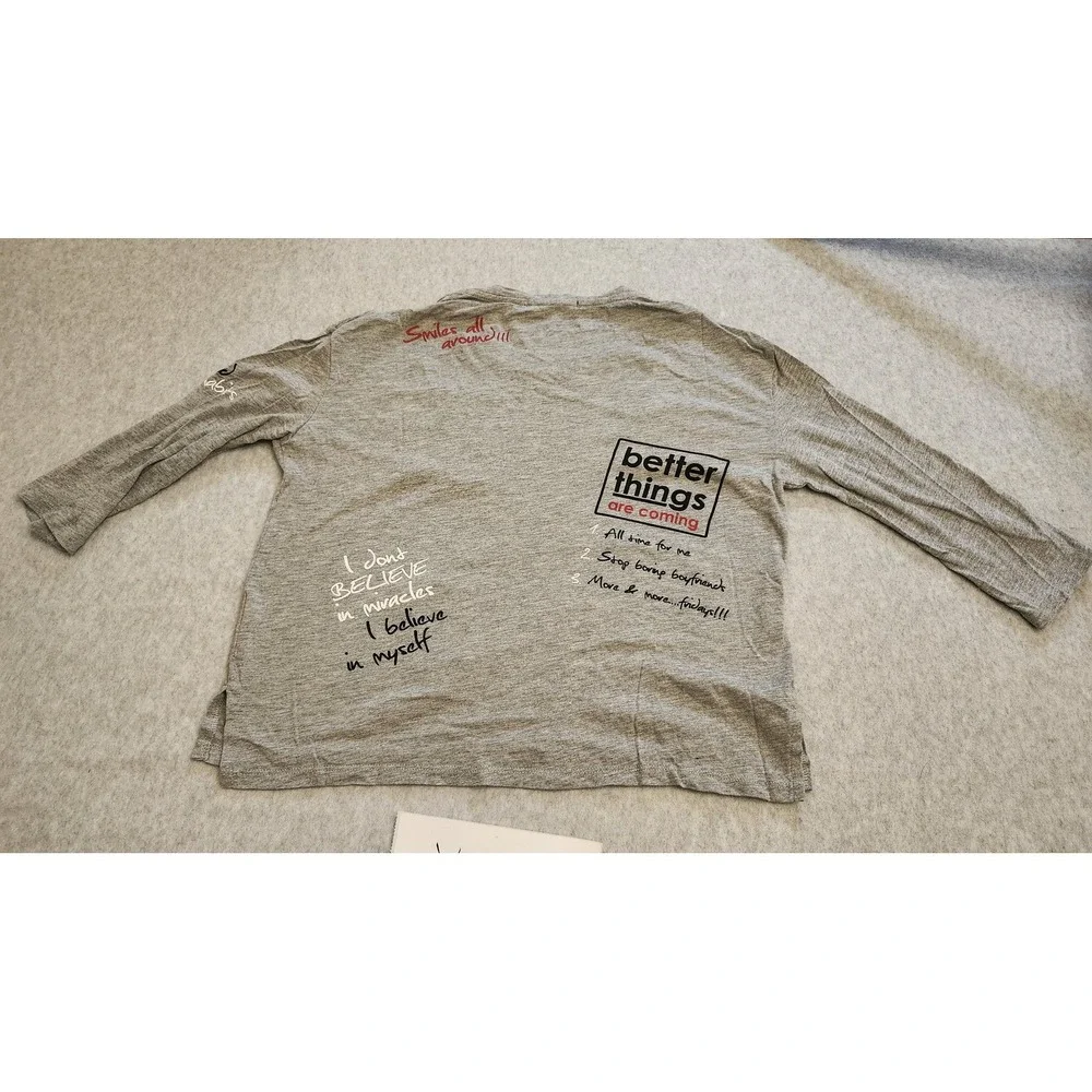 Bershka BSKGIRL Shirt Girls Small Gray Sequin Patch Graphic 3/4 Sleeve‎ Youth