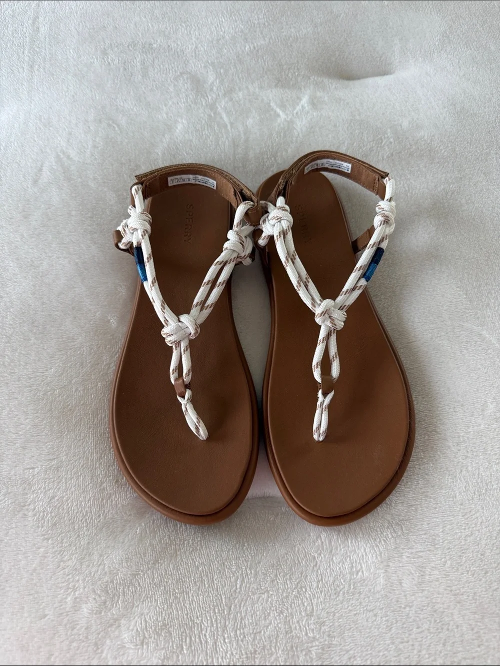 Sperry Brown Sandals with White Braided Rope T-Strap and Blue Accent