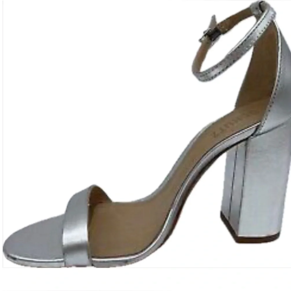 Schutz Cadey Lee Leather Metallic Silver 3.75” Block Heel Sandals‎ Size 7.5 NEW