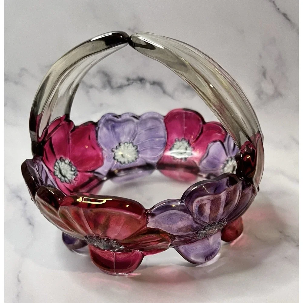 Glass Basket Small Bowl Vintage Westmoreland Dogwood Flower Unique Handle