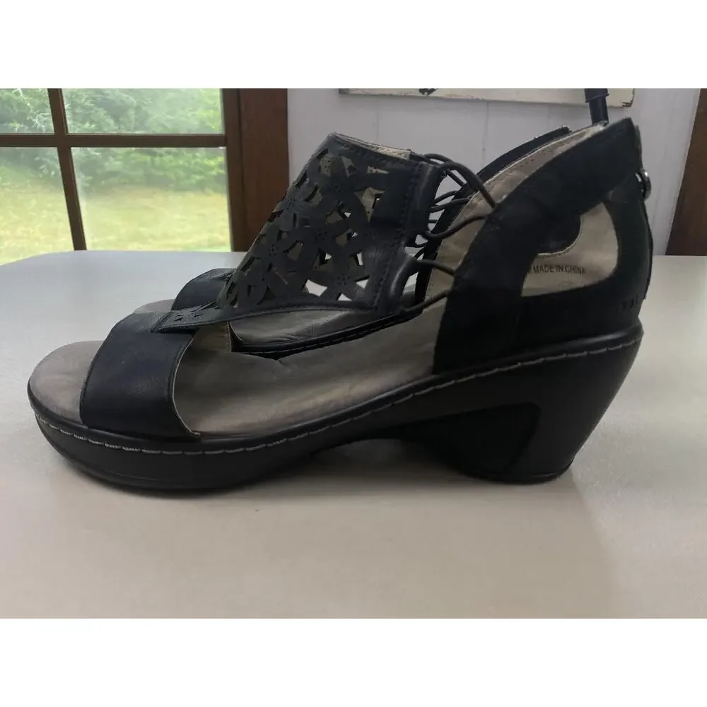 JBU Wedge Sandals Womens 11 Black Vegan Isla Zip Memory Foam Cutout Strappy