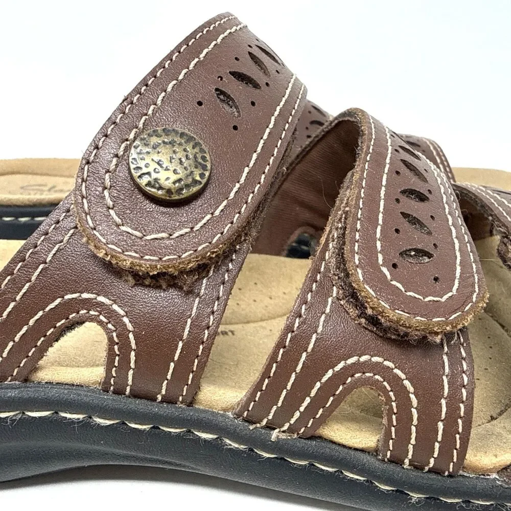 Clarks Collection Laurieann Dee Leather Sandals Womens Sz 7 Strappy Low Wedge