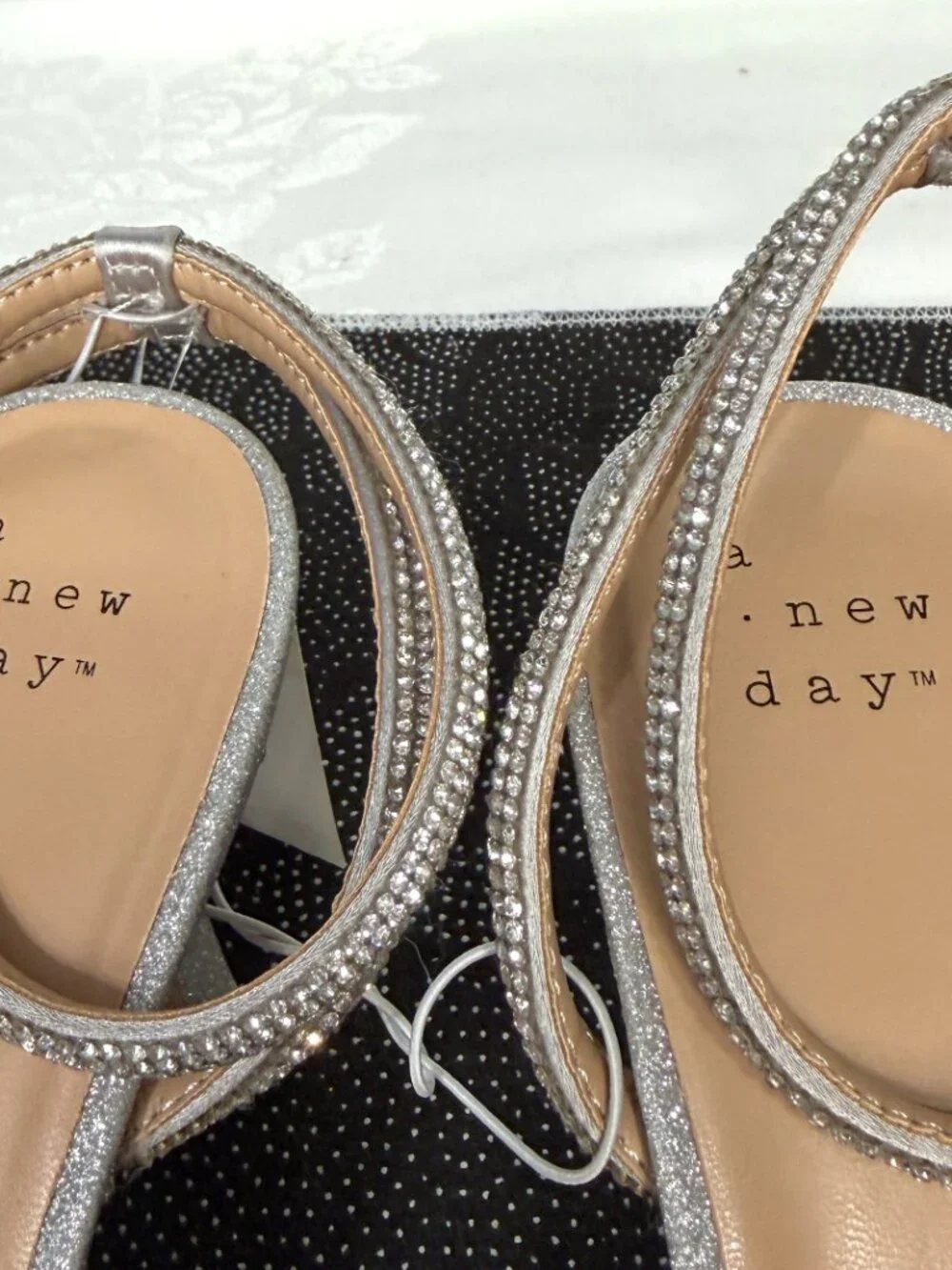 A New Day Carmin Pointed‎ Silver Rhinestone Bow Ankle Strap Shoes Woman's size 9