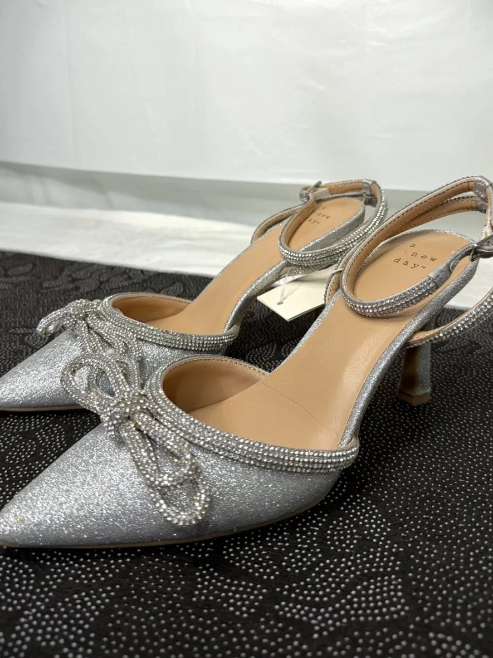 A New Day Carmin Pointed‎ Silver Rhinestone Bow Ankle Strap Shoes Woman's size 9