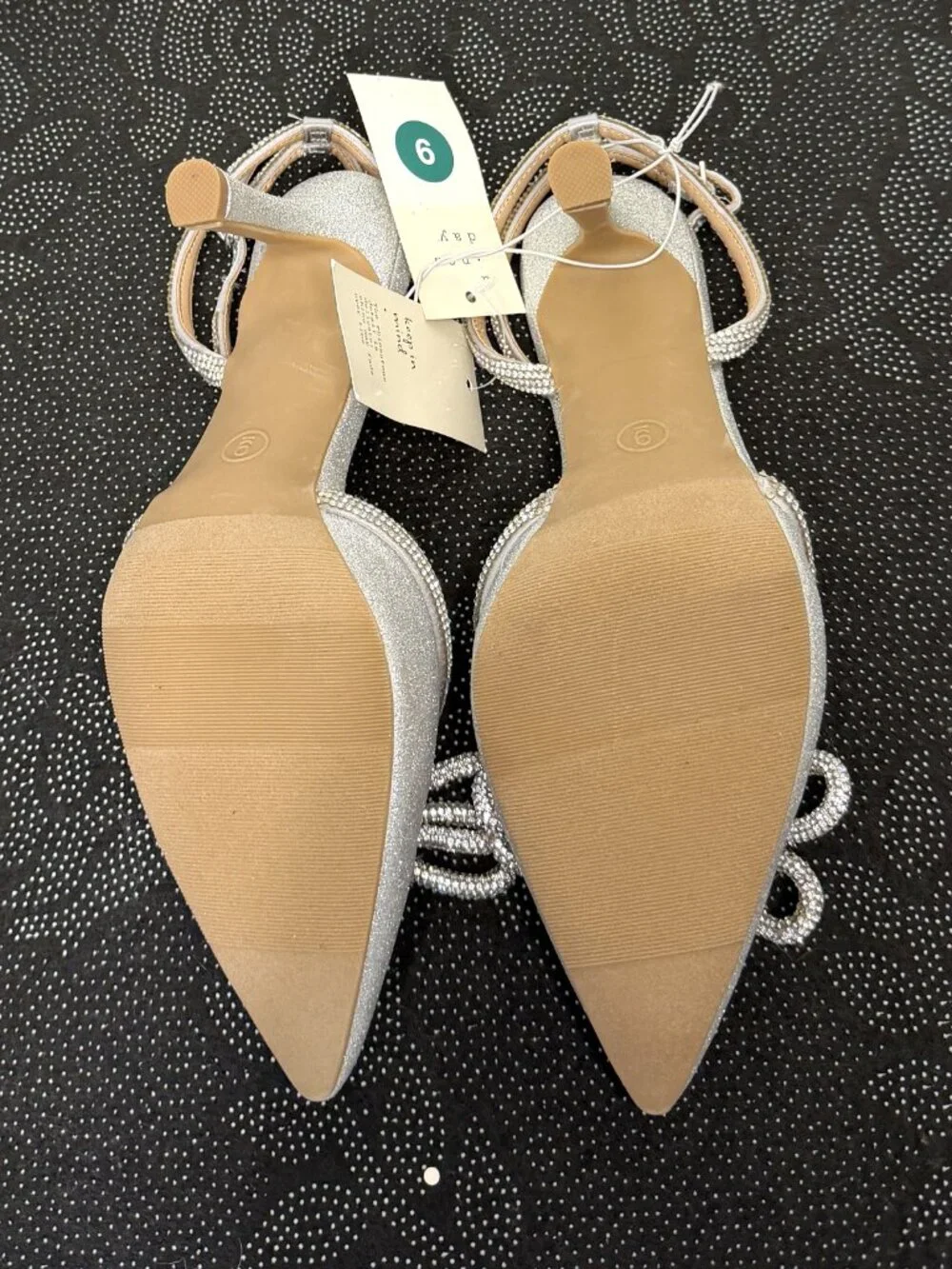 A New Day Carmin Pointed‎ Silver Rhinestone Bow Ankle Strap Shoes Woman's size 9