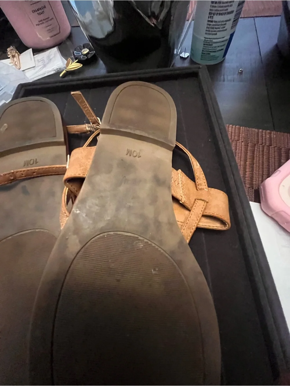 G by Guess Brown Braided T-Strap Sandals with Gold G Logo