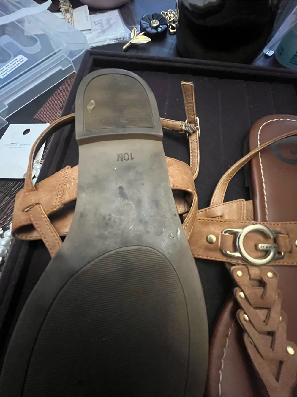 G by Guess Brown Braided T-Strap Sandals with Gold G Logo