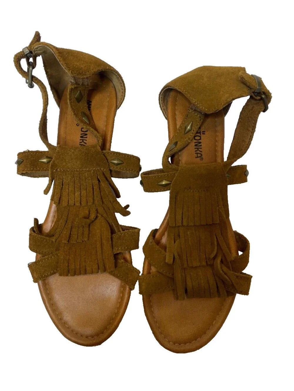 Minnetonka Merriam Suede Leather Fringe Studded Open Toe Wedge Sandals Size 9