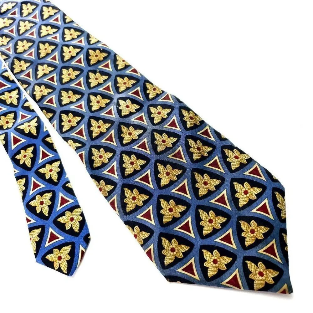 Valentino Blue & Beige Silk Tie Woven‎ Wide Geometric