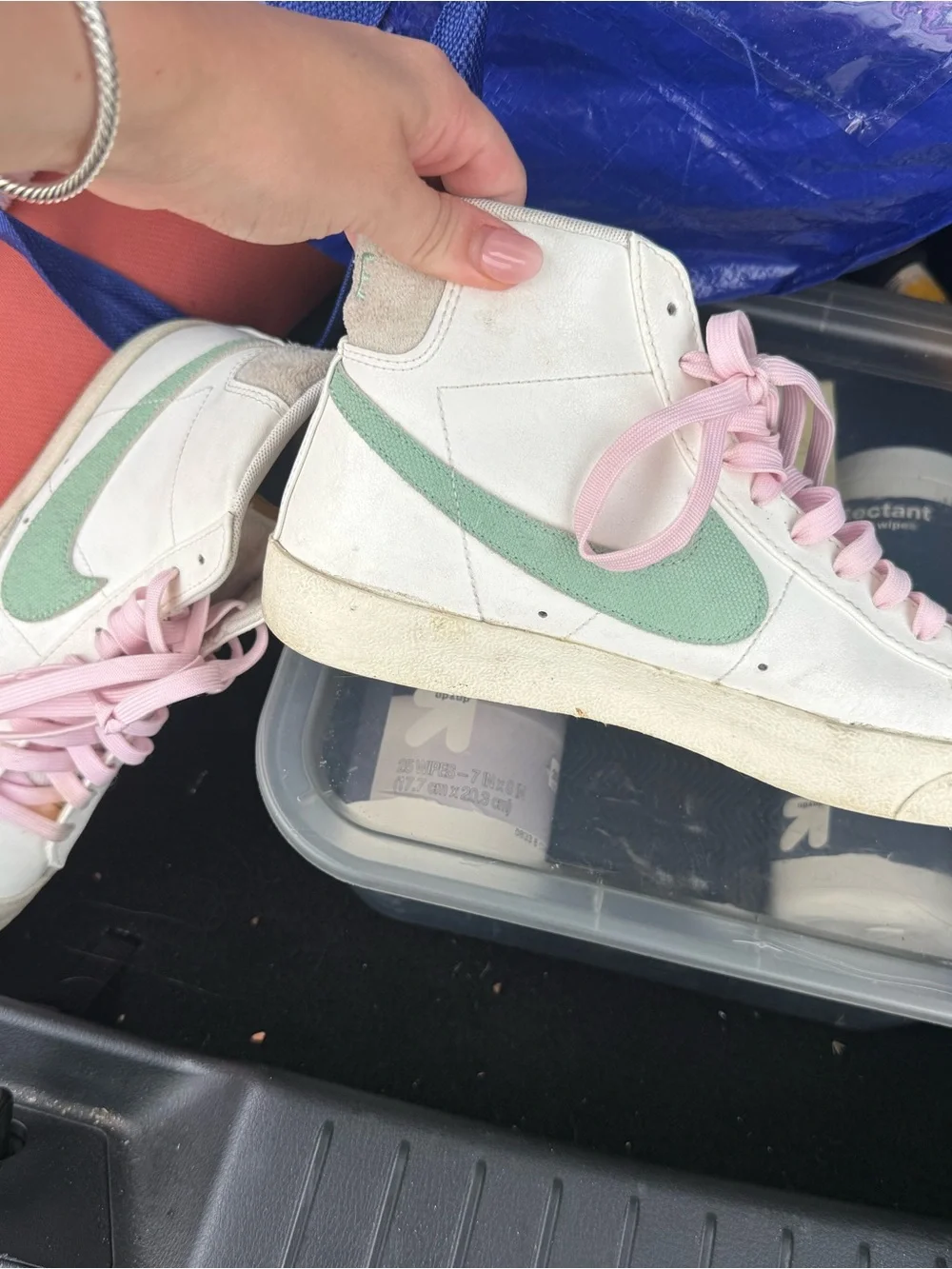Nike Women's High-Top Sneakers White with Mint Green Swoosh and Pink Laces