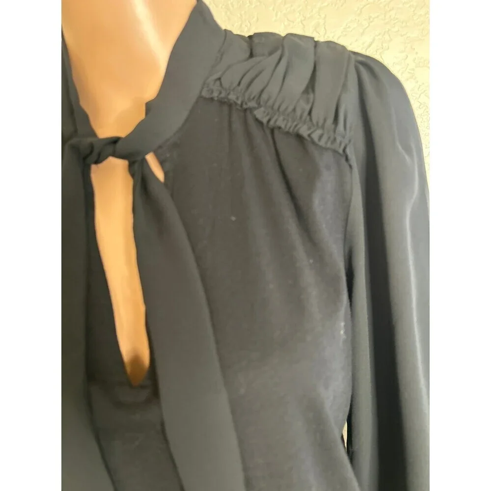 NEW LOFT blouse neck tie puff sleeve black top 2 texture SZ MD