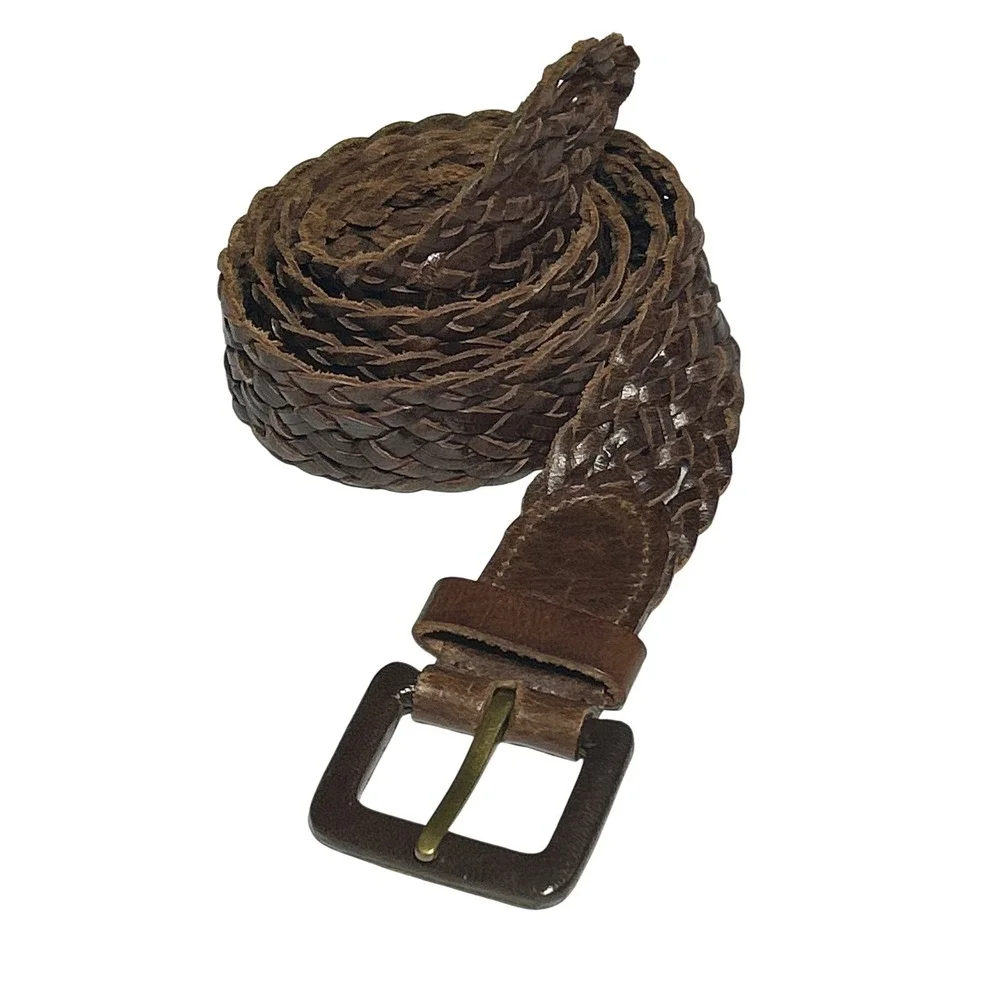Covered Buckle Dark Brown Braided Leather Belt Woven Adjustable Strap Up to 47
