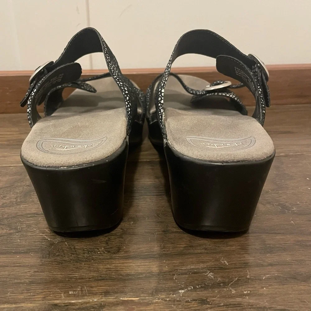 Dansko Women’s Sophie Black Metallic Leather Sandals - 38