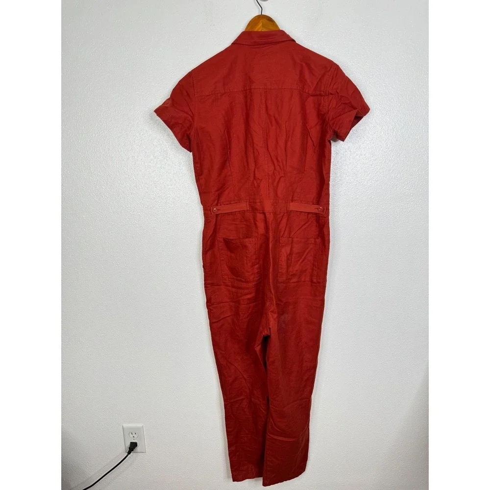 Quince Cotton Linen Twill Short Sleeve Coverall Jumpsuit Rust Red Small KDW01