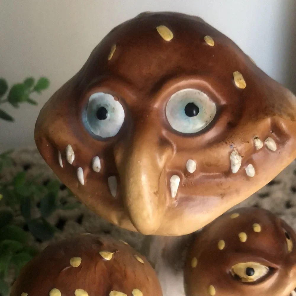 Whimsical Mushroom Figurine with Skulls Halloween Decor