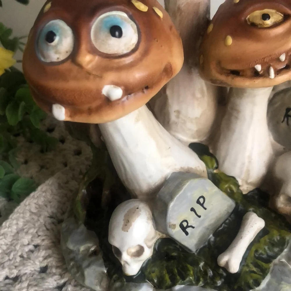 Whimsical Mushroom Figurine with Skulls Halloween Decor