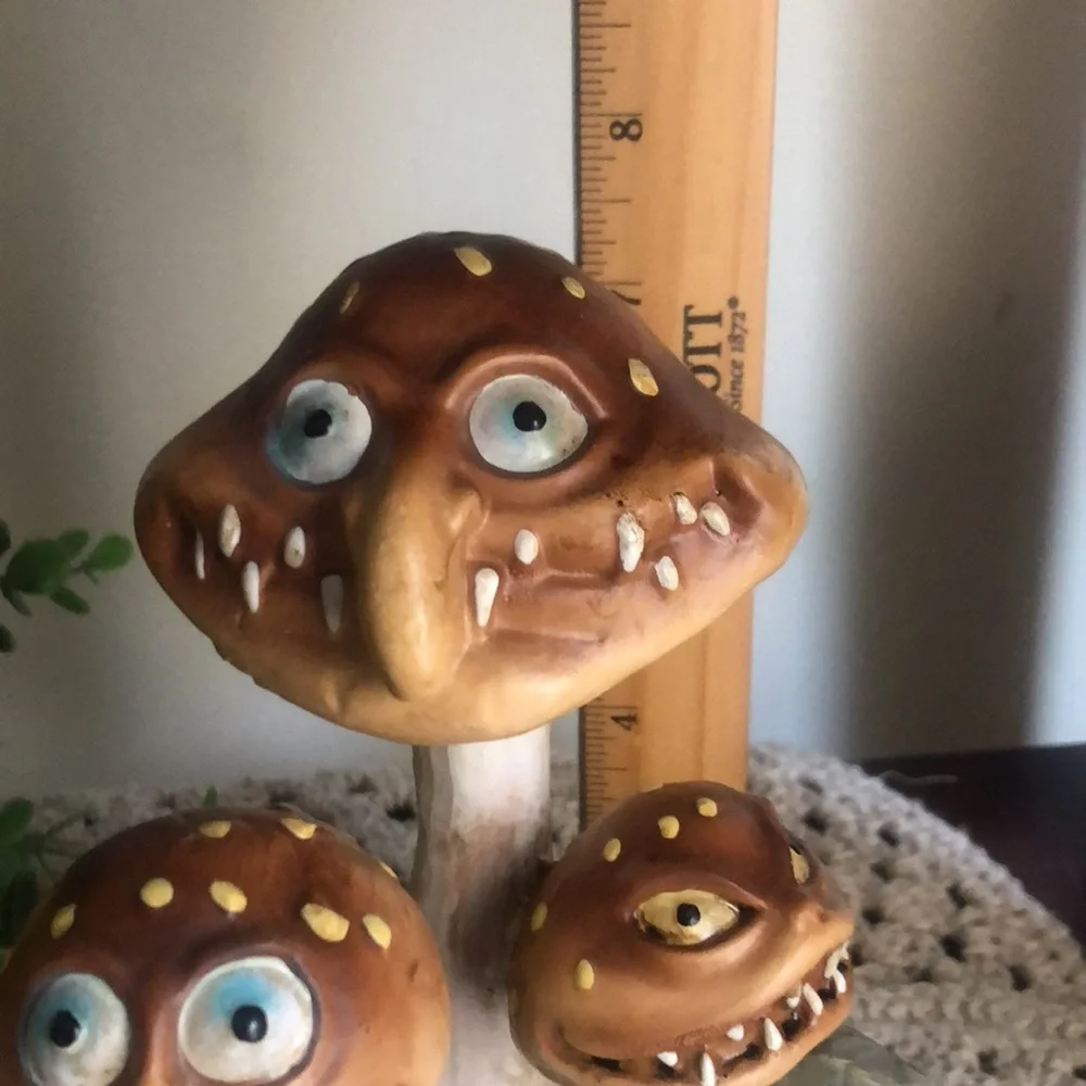 Whimsical Mushroom Figurine with Skulls Halloween Decor