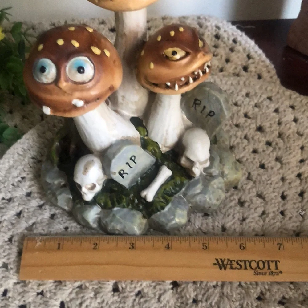 Whimsical Mushroom Figurine with Skulls Halloween Decor