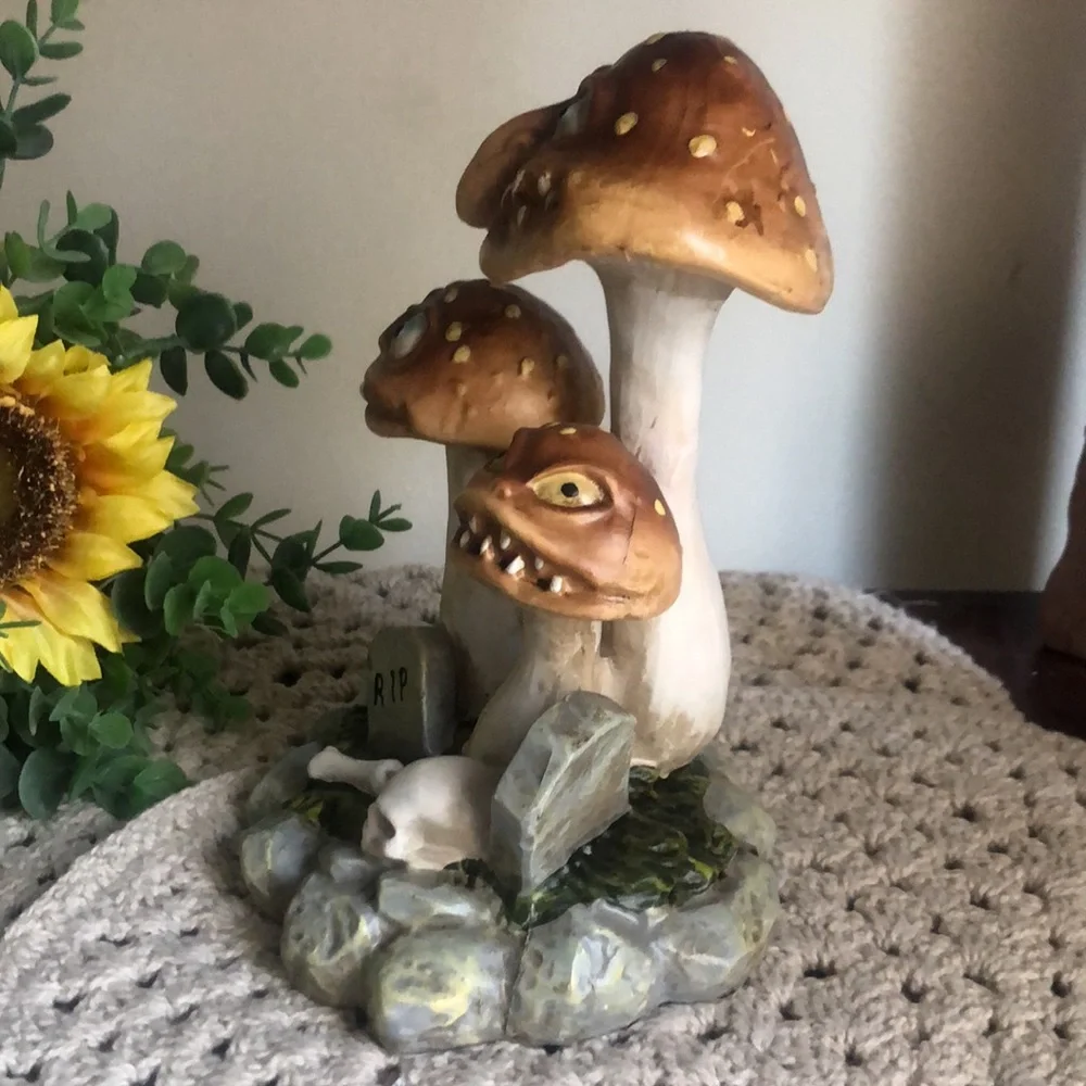 Whimsical Mushroom Figurine with Skulls Halloween Decor
