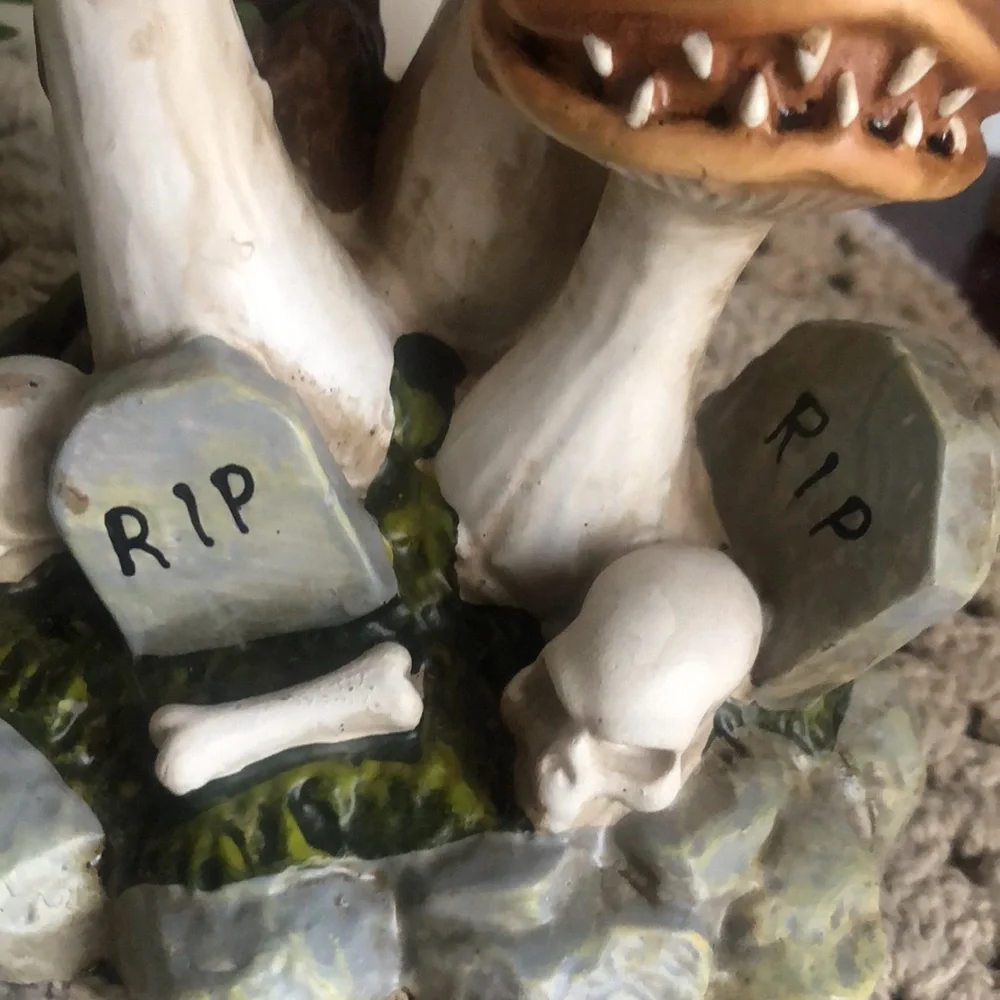 Whimsical Mushroom Figurine with Skulls Halloween Decor
