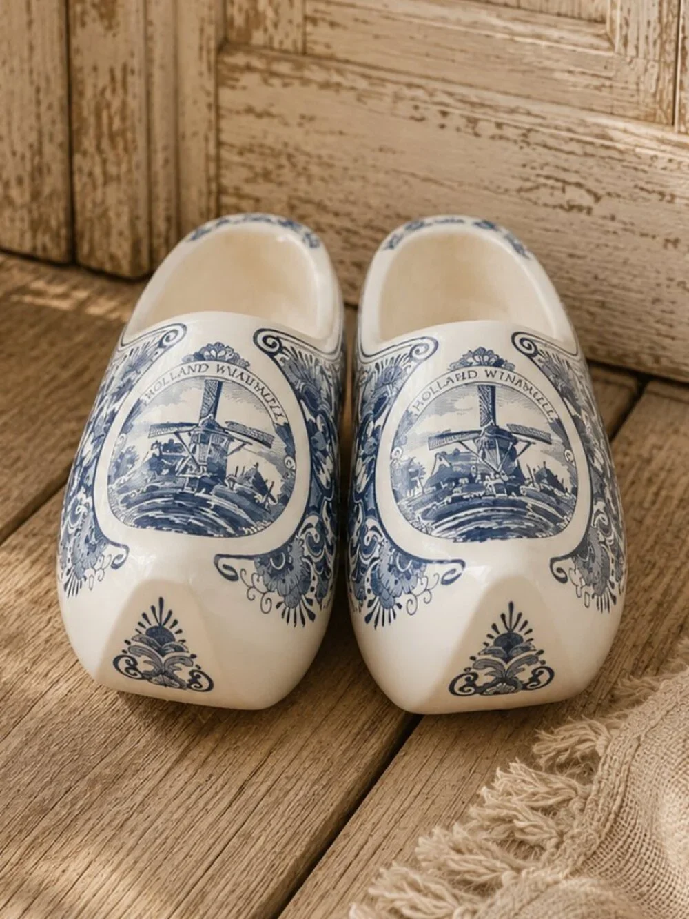 Vintage Delft Blue Windmill Pattern Dutch Wooden Shoes