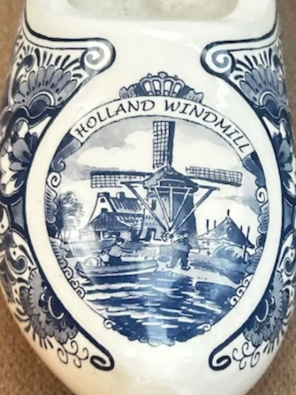 Vintage Delft Blue Windmill Pattern Dutch Wooden Shoes