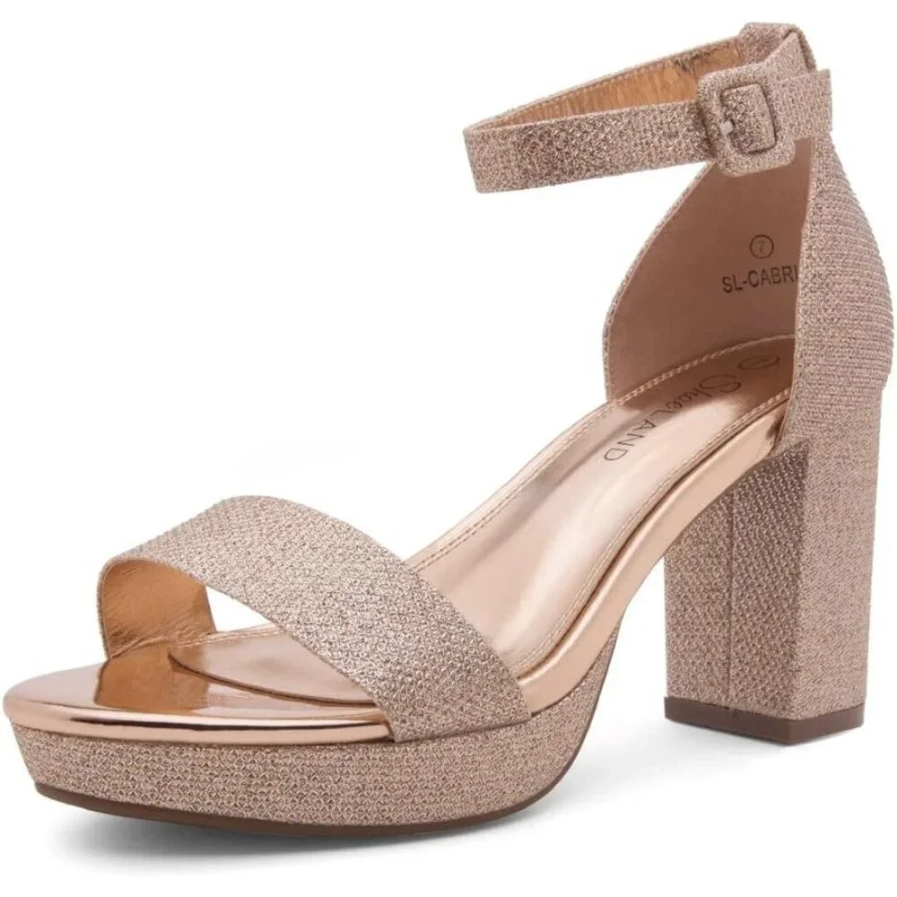 Women's Gold Chunky Block Ankle Strap Stylish Comfortable Open Toe Strappy Heel