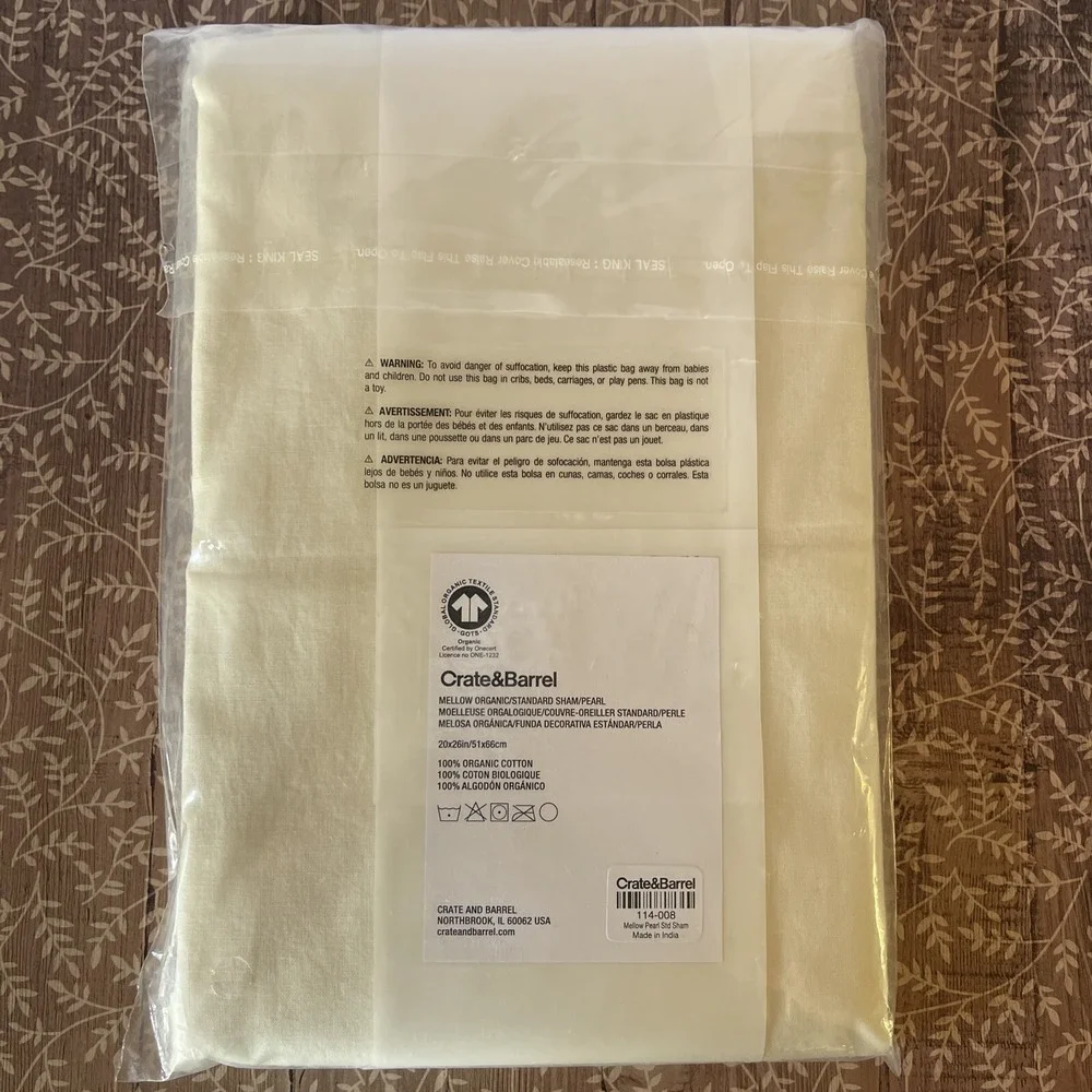 Crate & Barrel Sham Mellow Standard Size Organic Cotton Pearl Ivory‎ New Pillow