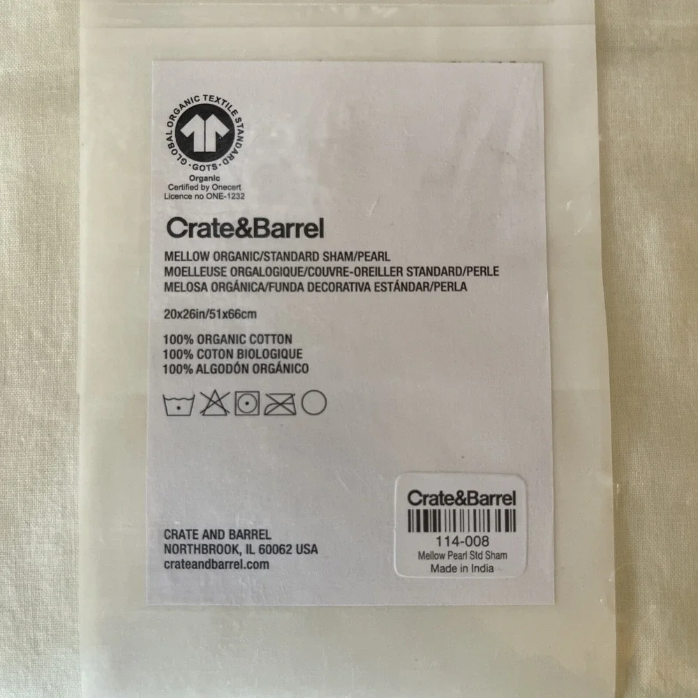 Crate & Barrel Sham Mellow Standard Size Organic Cotton Pearl Ivory‎ New Pillow