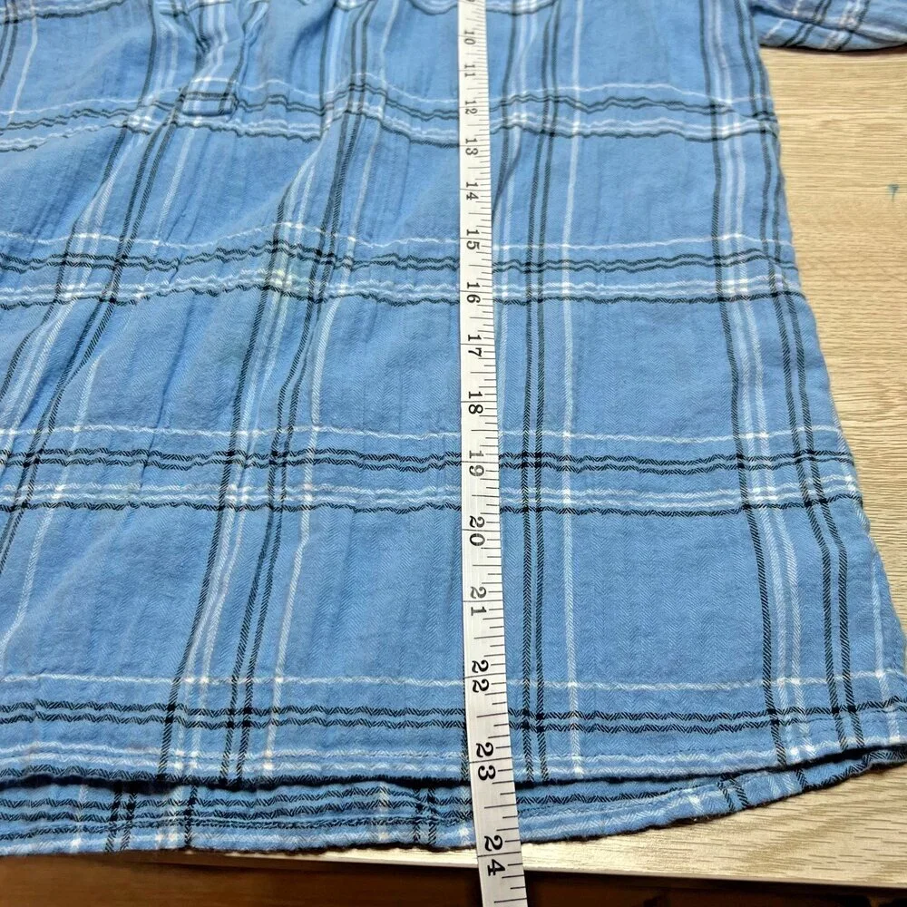 LOFT Blouse Womens L Short Puff Sleeve Tied V-Neck Blue Plaid Print Babydoll