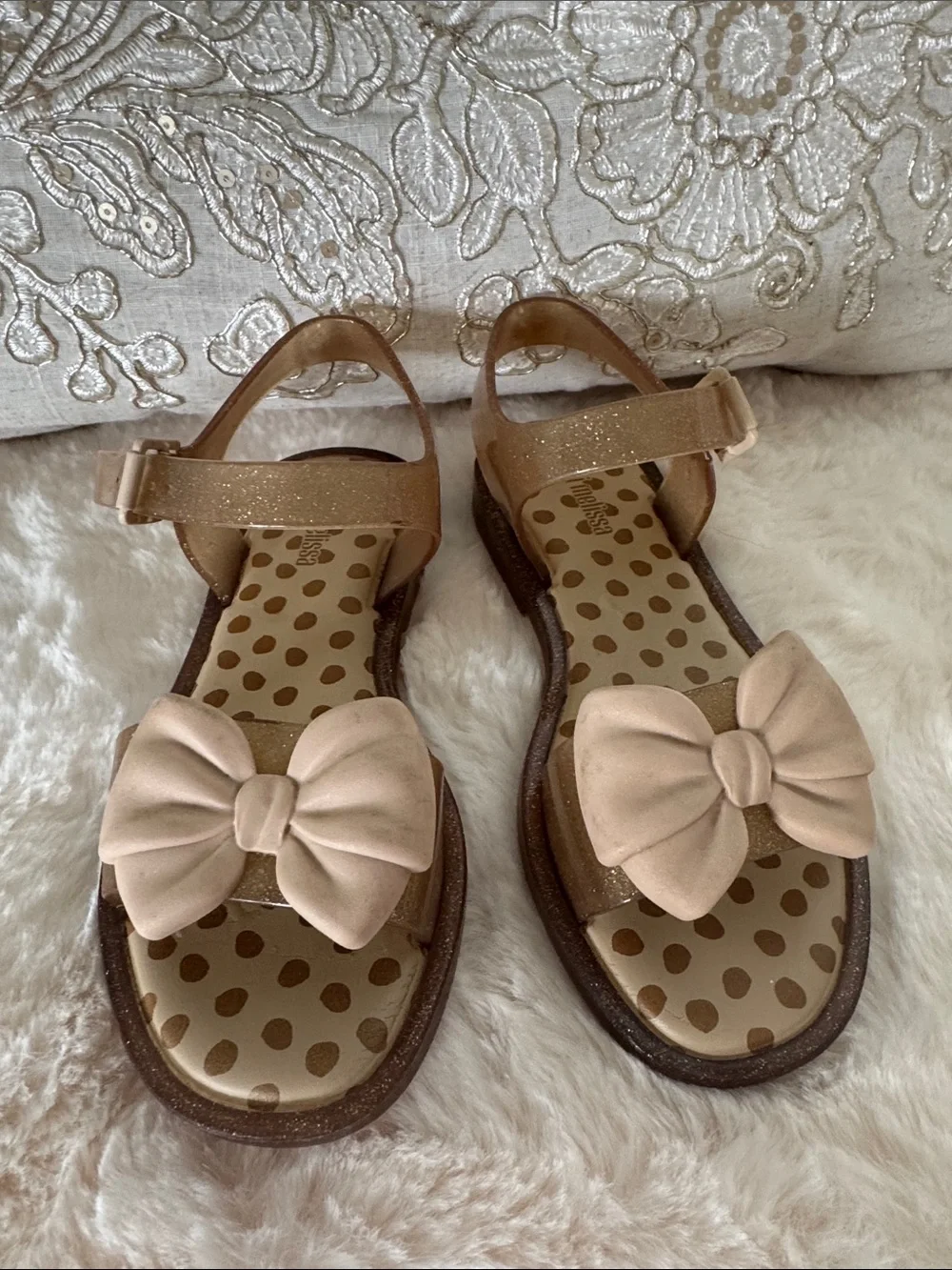 Mini Melissa Girls' Bow Sandals in Nude Gold/Beige with Glitter Straps