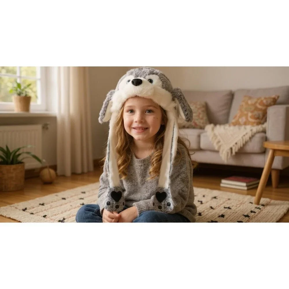 Kids Wolf Rainbow Animal Hat with Ears Moving Jumping Pop Up Beating Plush