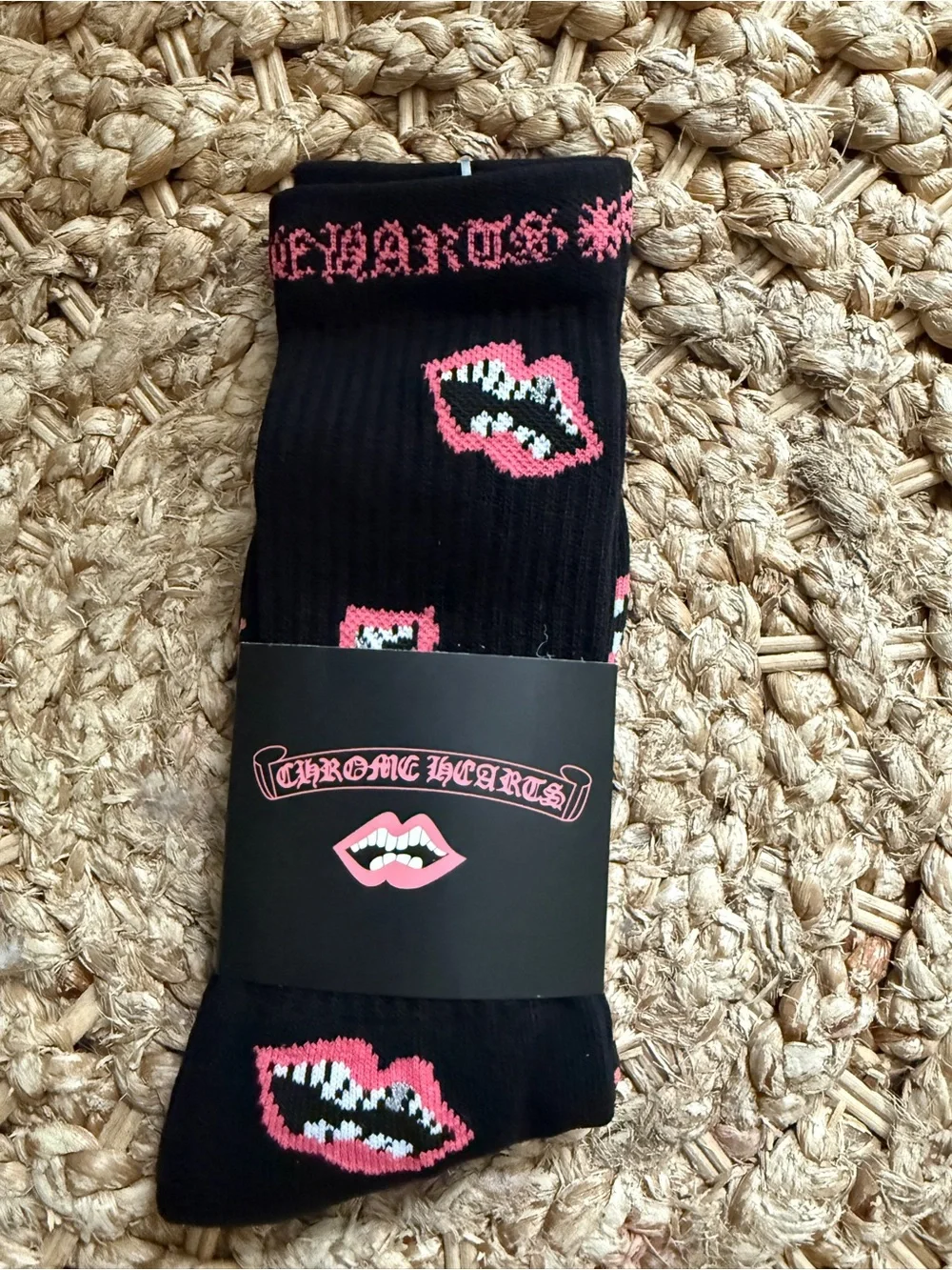 Chompers Black Socks with Pink Lip Motif
