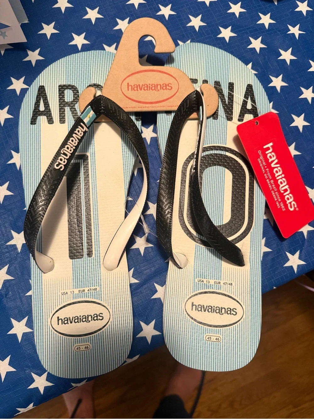 Havaianas Argentine Blue & White Stripe Flip Flops with Black Straps brand new