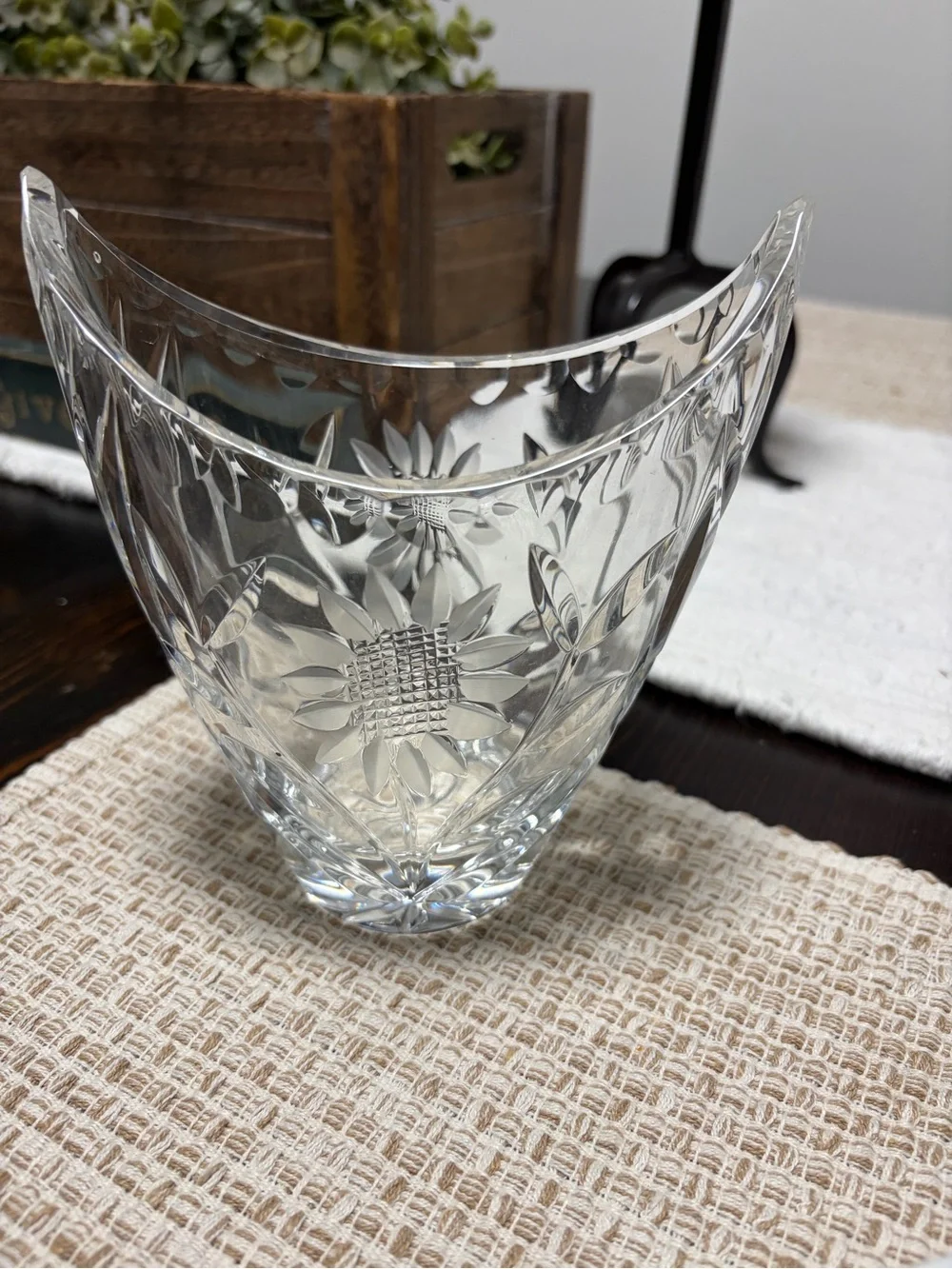 Vintage West German Margaret hand cut lead Crystal Boat base. Sunflower design.