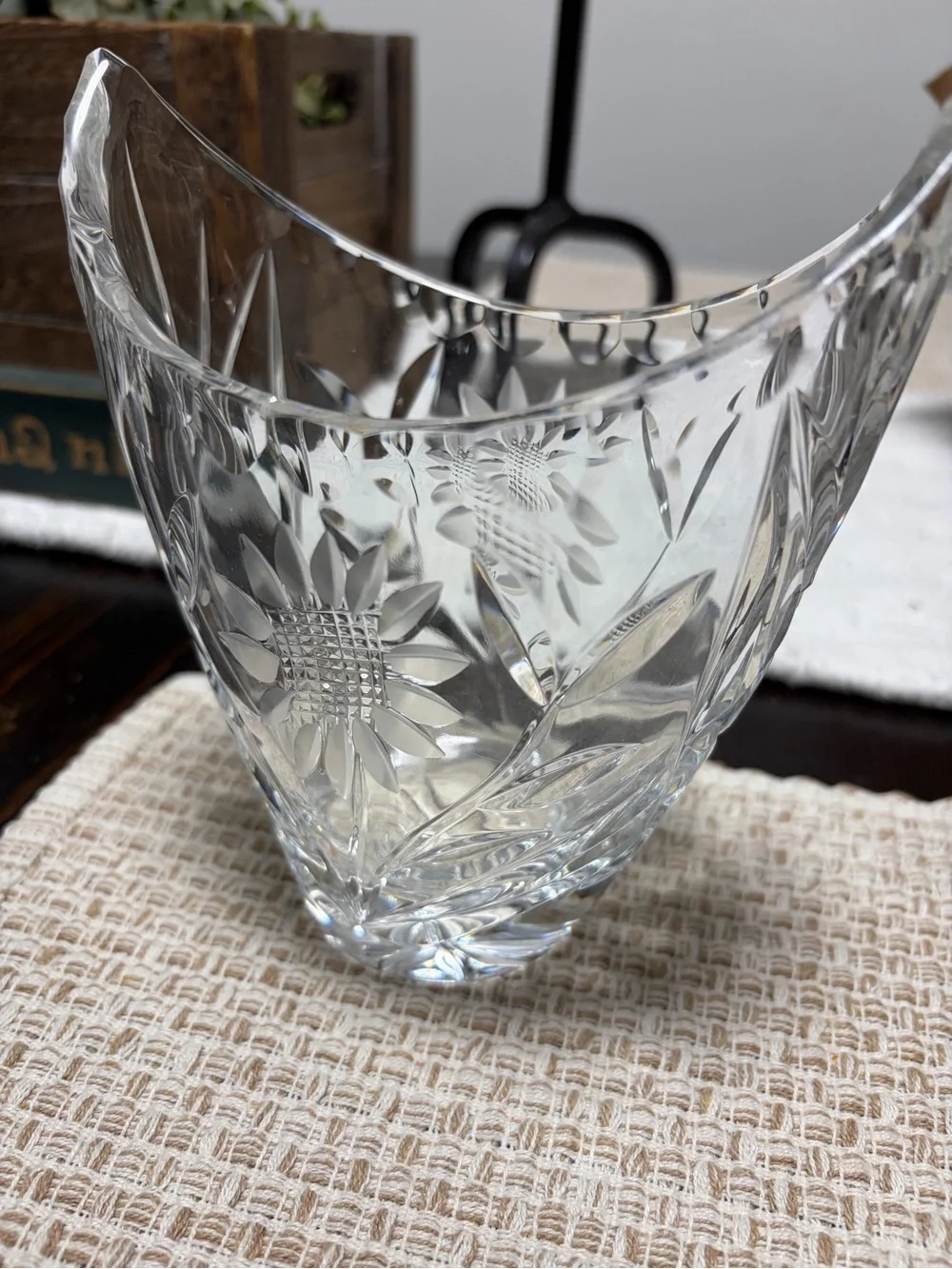 Vintage West German Margaret hand cut lead Crystal Boat base. Sunflower design.